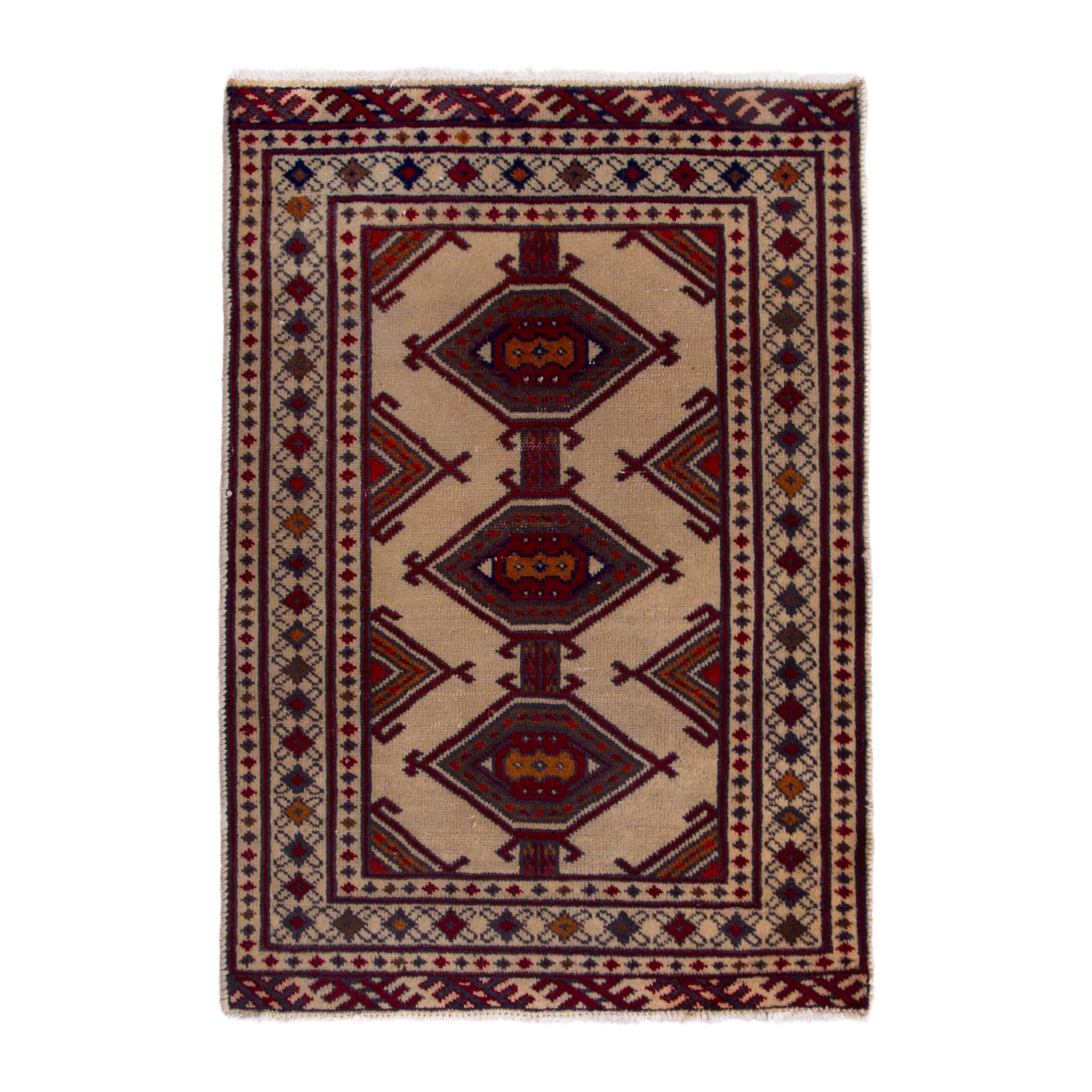 Persian Torkaman accent rug in cream and burgundy, 2'1" x 2'10"