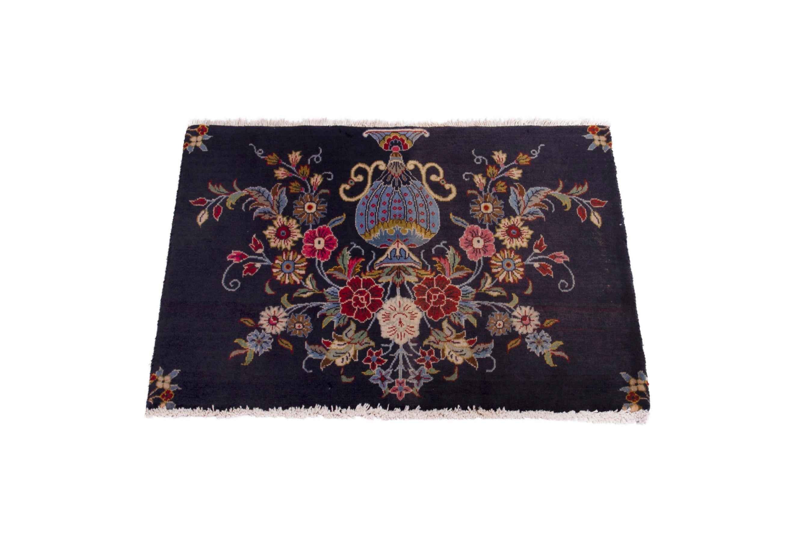 Persian Kashan accent rug in navy and deep red, view 2 of 7