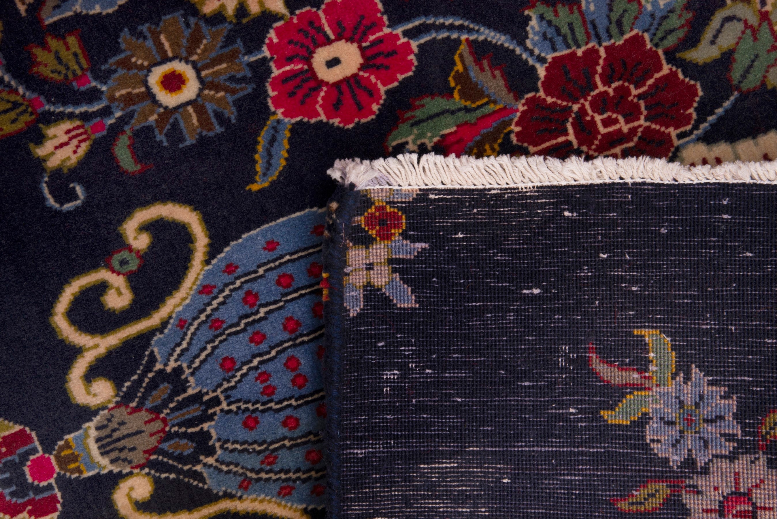 Persian Kashan accent rug in navy and deep red, view 7 of 7