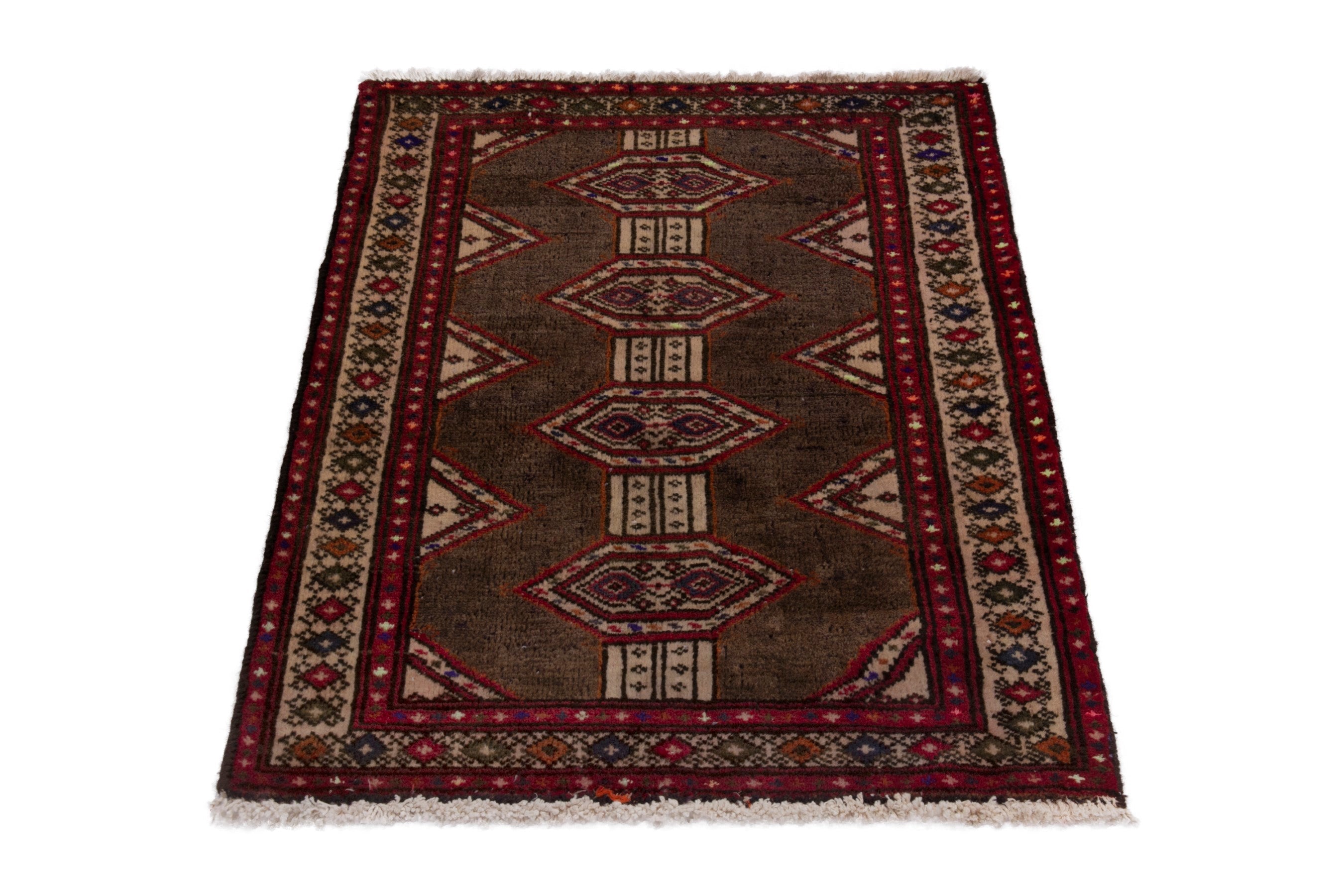 Persian Torkaman accent rug in dark brown and burgundy, view 2 of 7