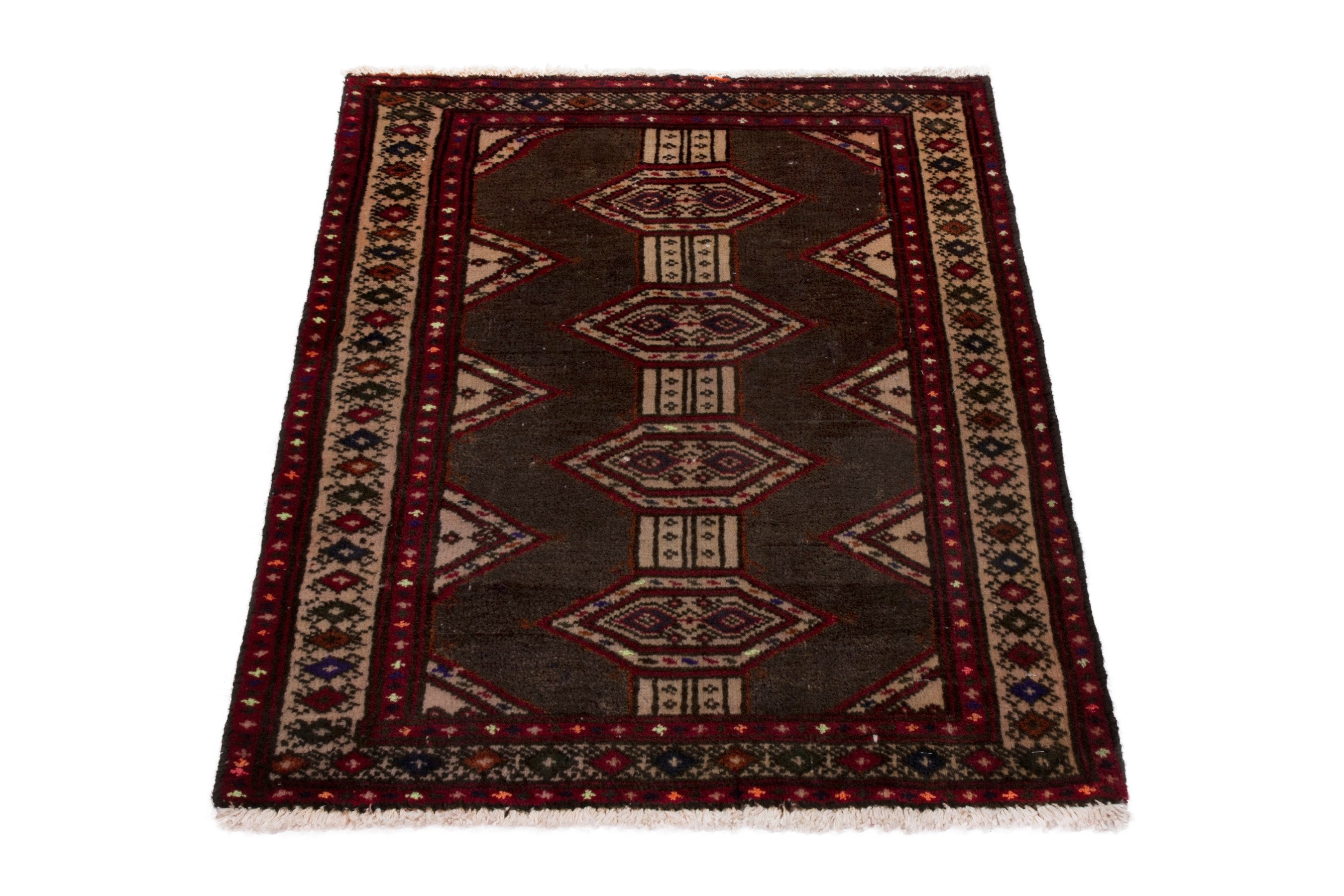 Persian Torkaman accent rug in dark brown and burgundy, view 3 of 7