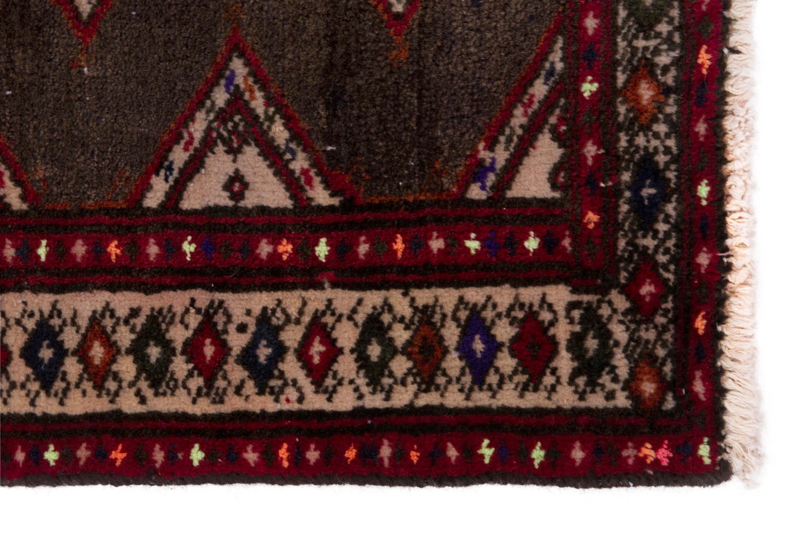 Persian Torkaman accent rug in dark brown and burgundy, view 4 of 7