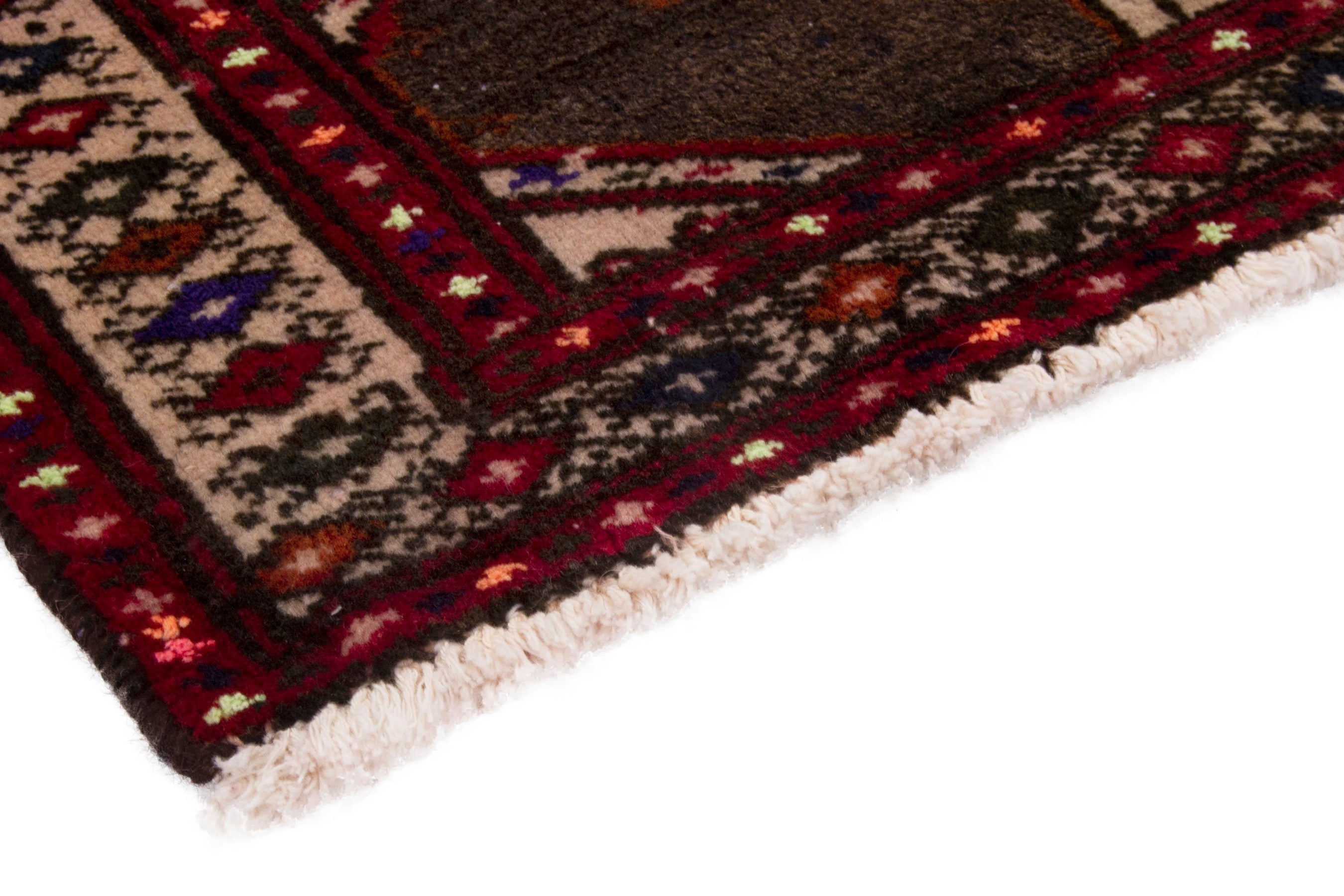 Persian Torkaman accent rug in dark brown and burgundy, view 5 of 7