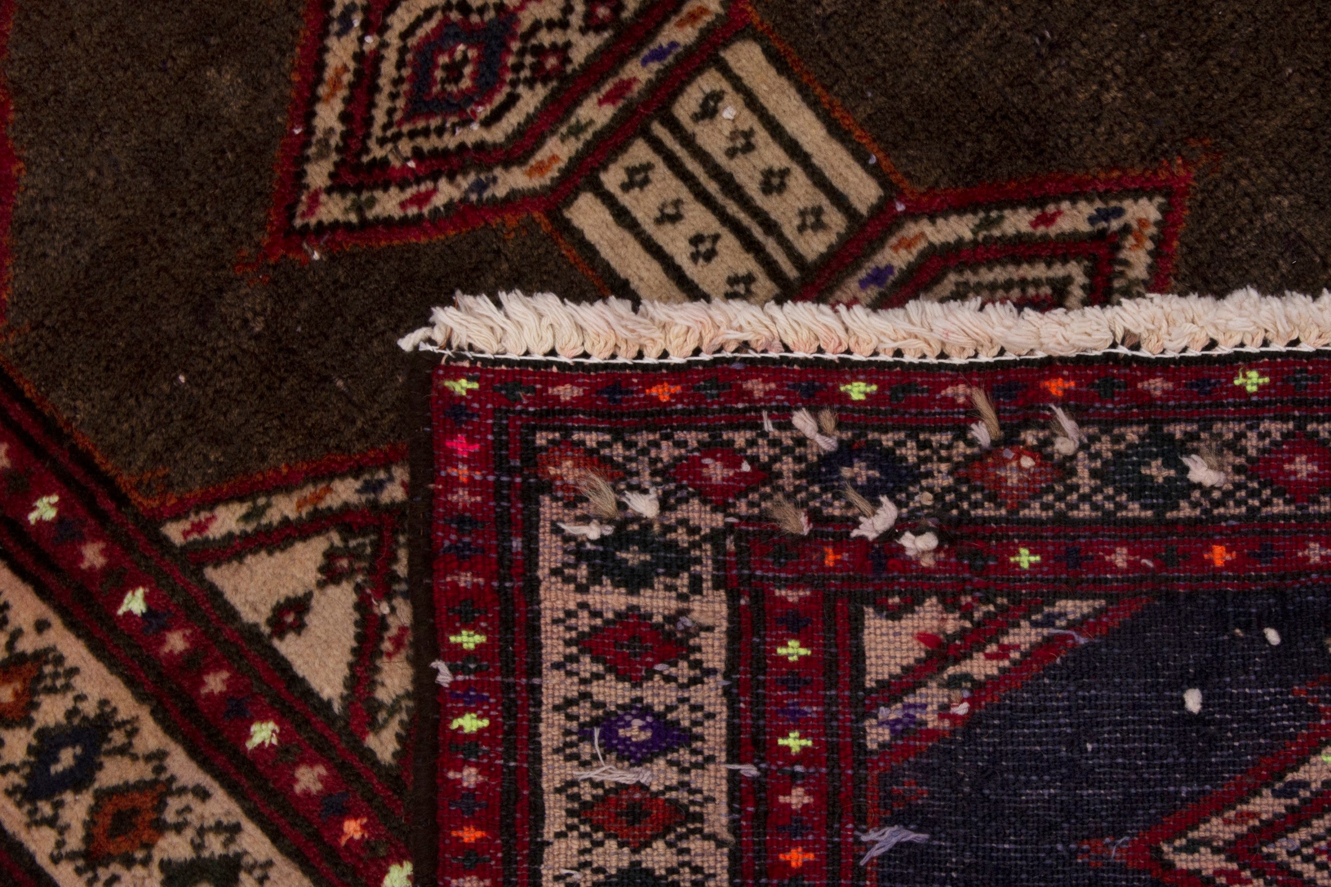 Persian Torkaman accent rug in dark brown and burgundy, view 7 of 7