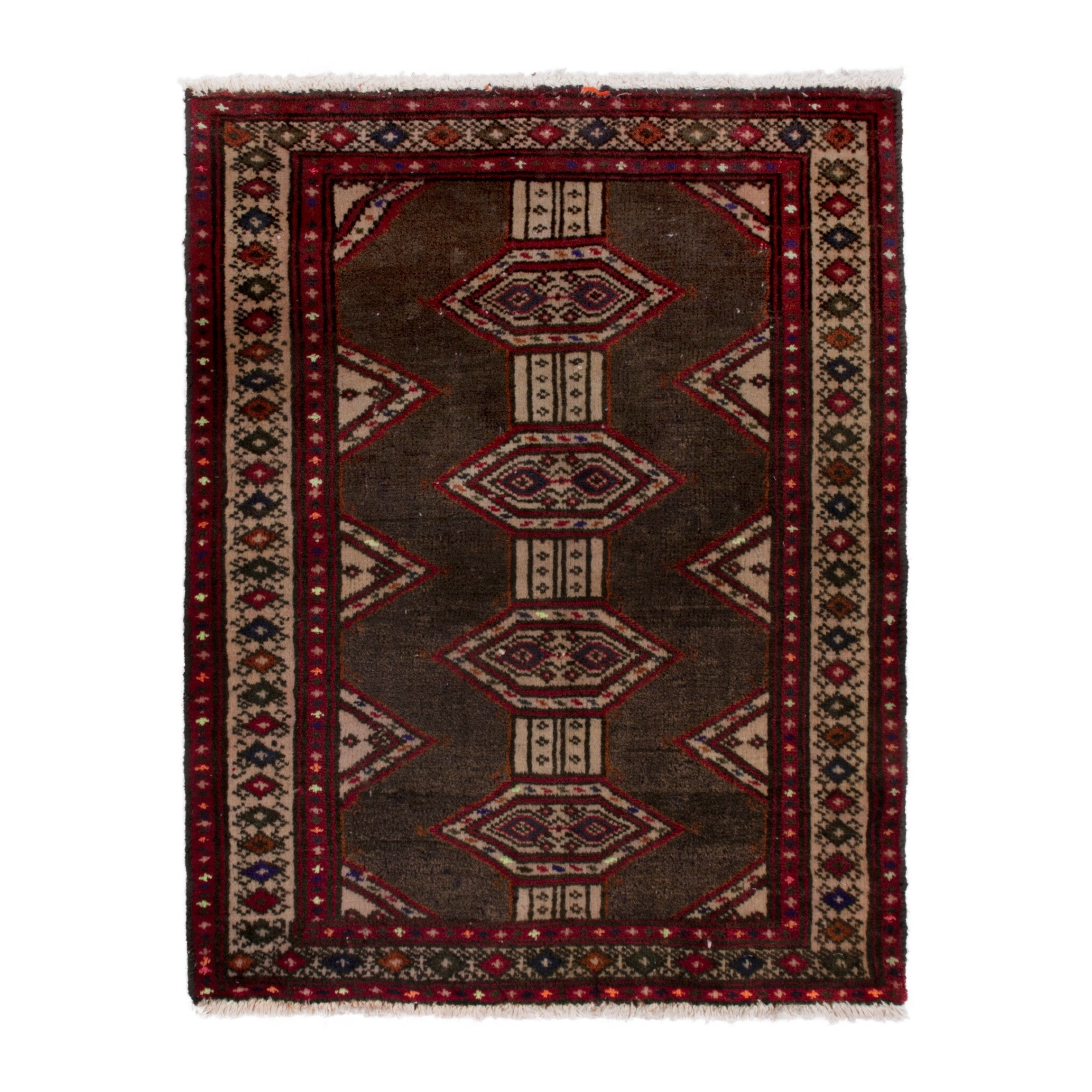 Persian Torkaman accent rug in dark brown and burgundy, 2'3" x 2'10"