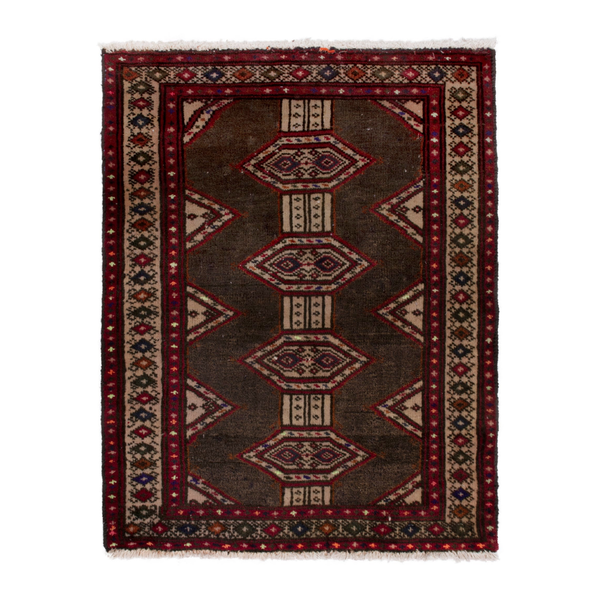 Persian Torkaman accent rug in dark brown and burgundy, 2'3" x 2'10"