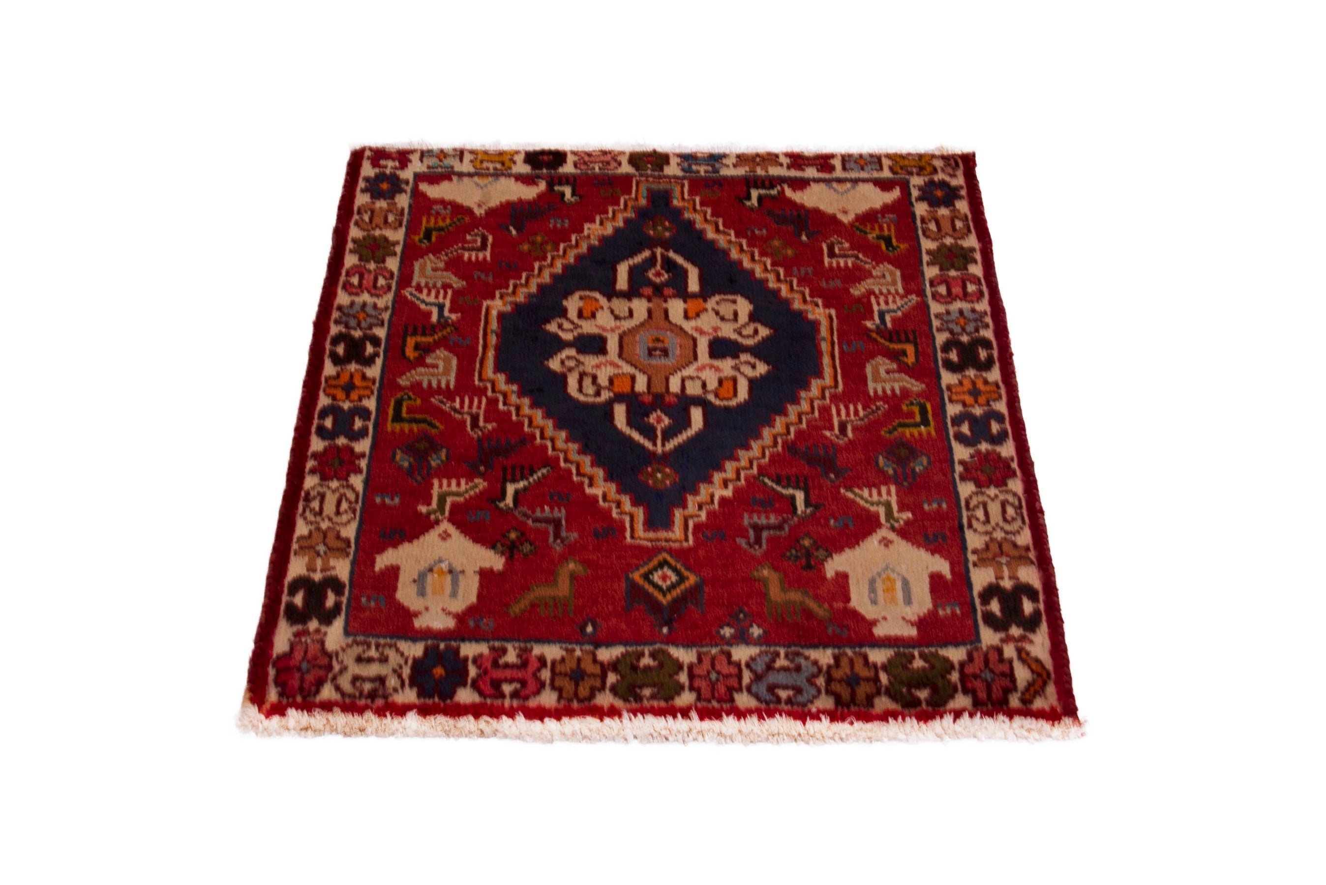 Persian Shiraz accent rug in deep red and dark blue, view 2 of 7