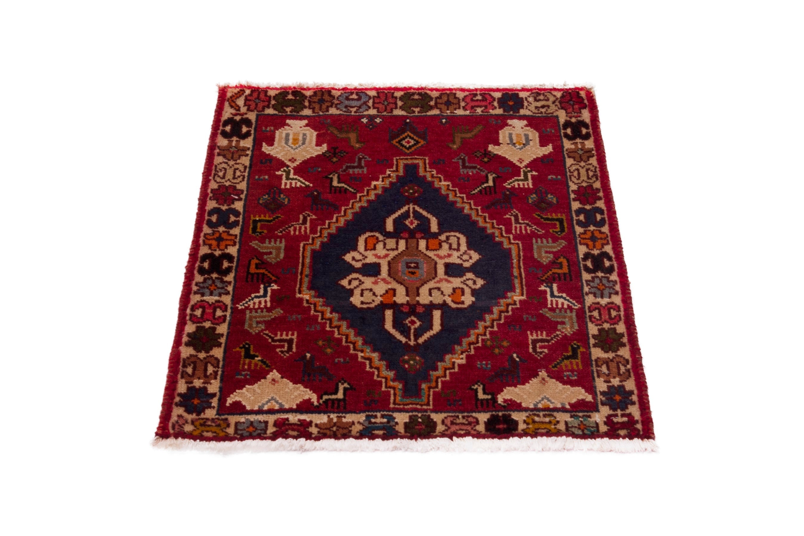 Persian Shiraz accent rug in deep red and dark blue, view 3 of 7