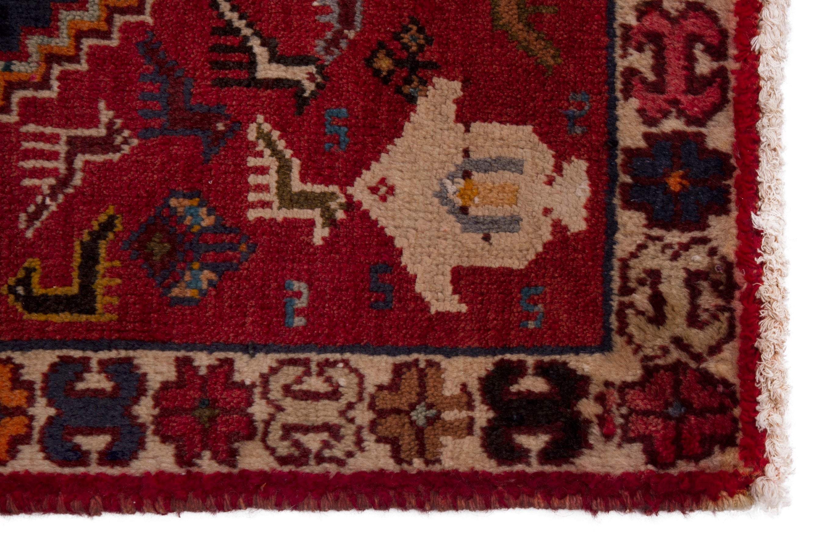 Persian Shiraz accent rug in deep red and dark blue, view 4 of 7