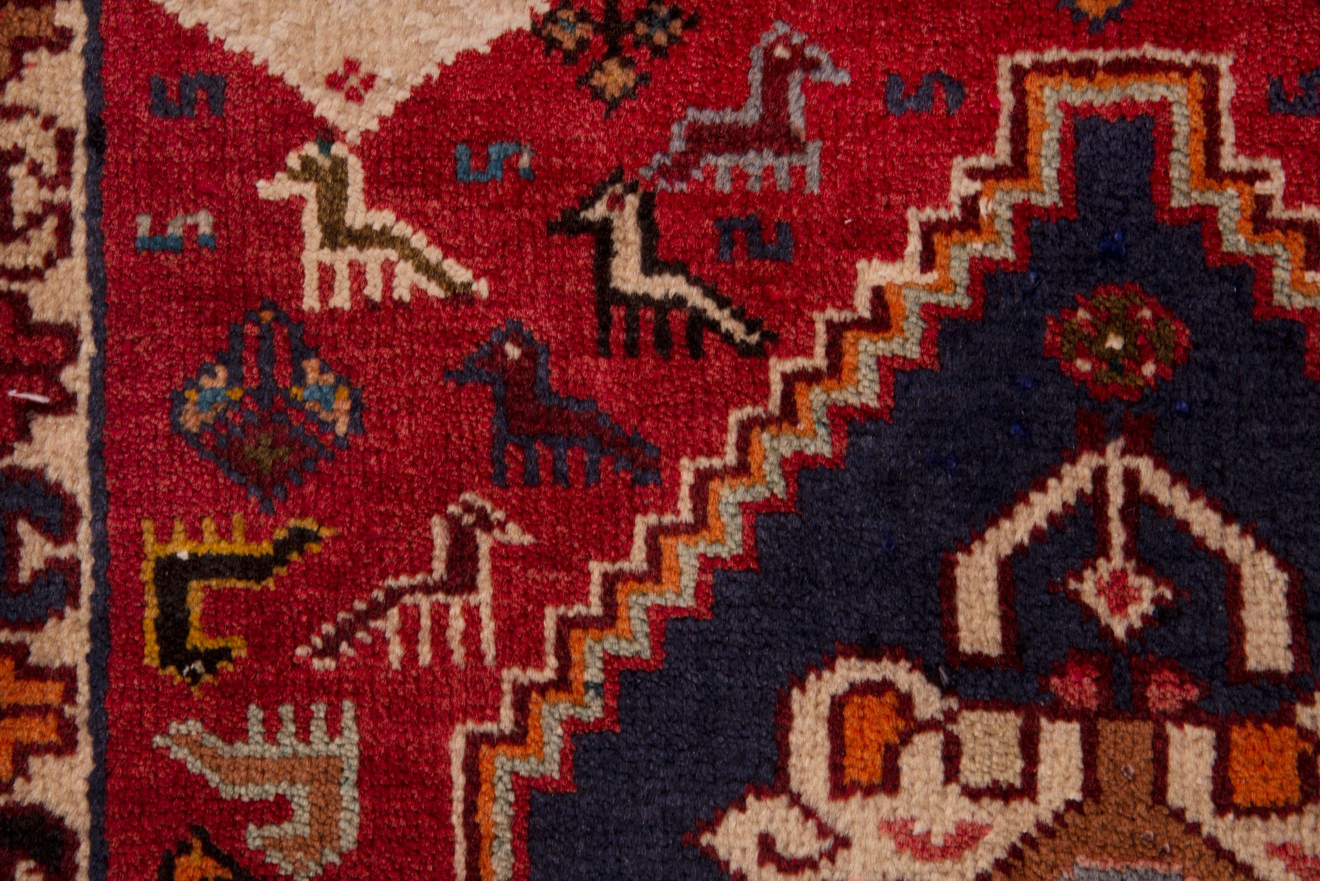 Persian Shiraz accent rug in deep red and dark blue, view 6 of 7