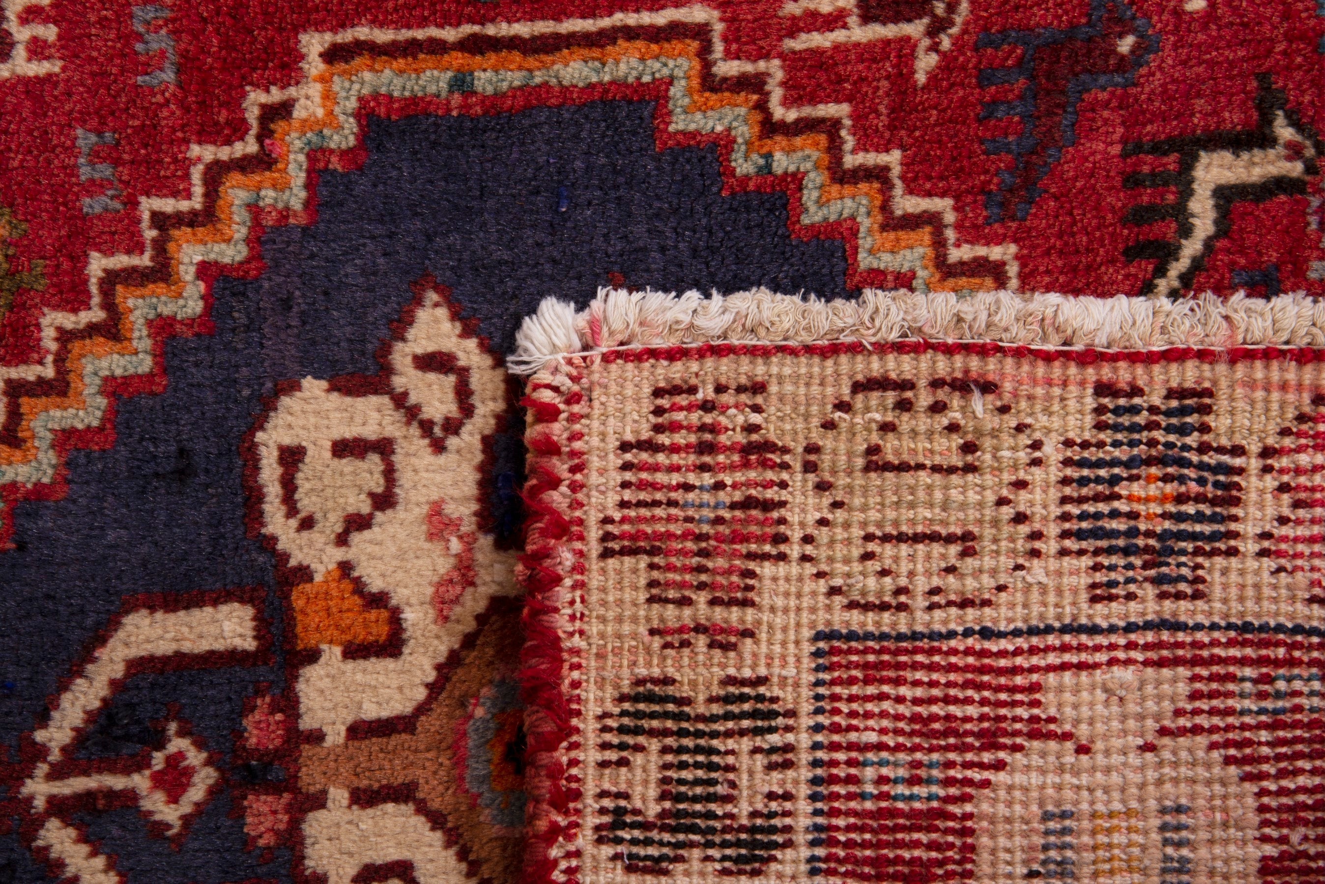 Persian Shiraz accent rug in deep red and dark blue, view 7 of 7