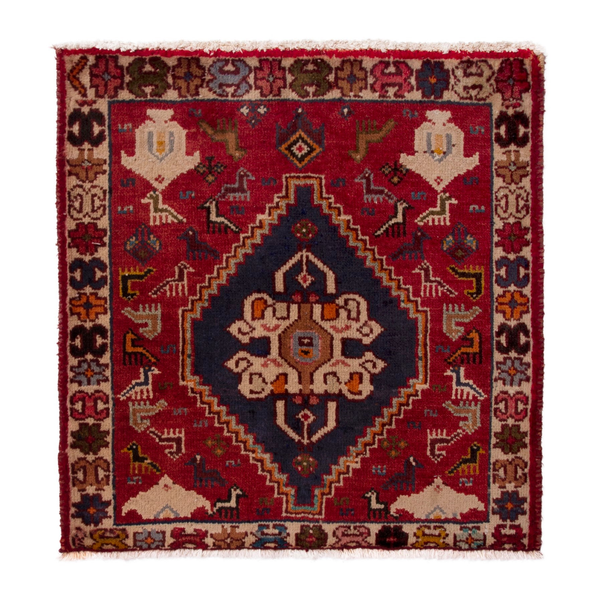 Persian Shiraz accent rug in deep red and dark blue, 2' x 2'1"