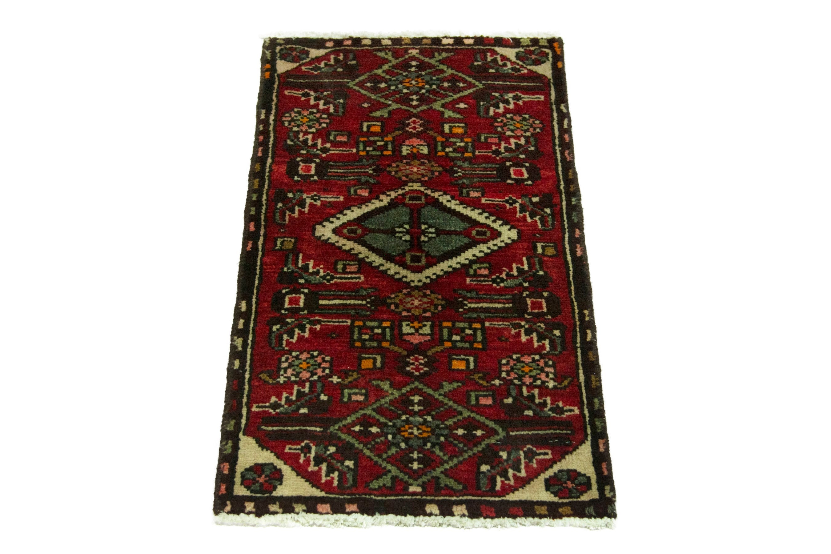 Persian Hamedan accent rug in deep red and dark brown, view 2 of 7
