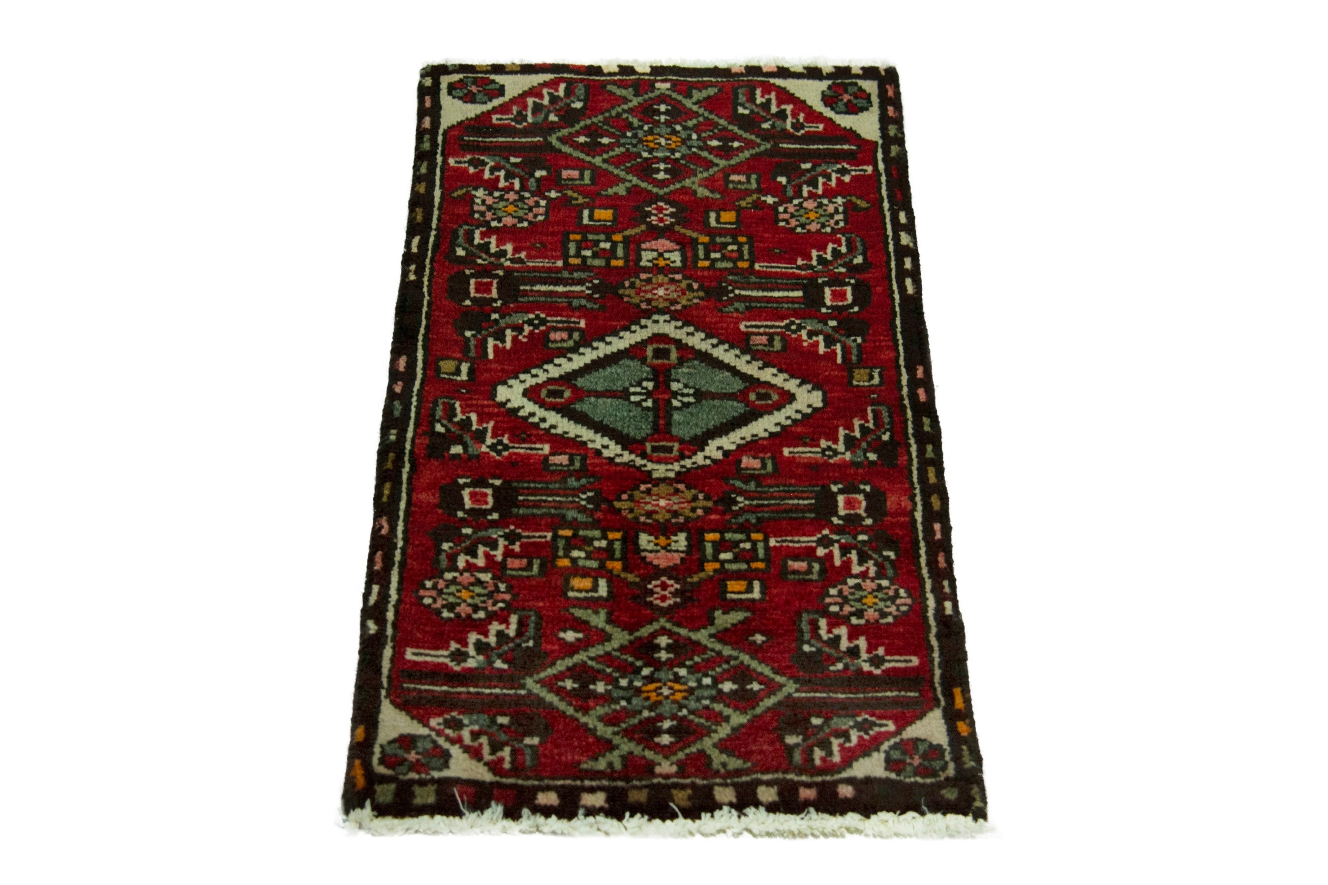 Persian Hamedan accent rug in deep red and dark brown, view 3 of 7