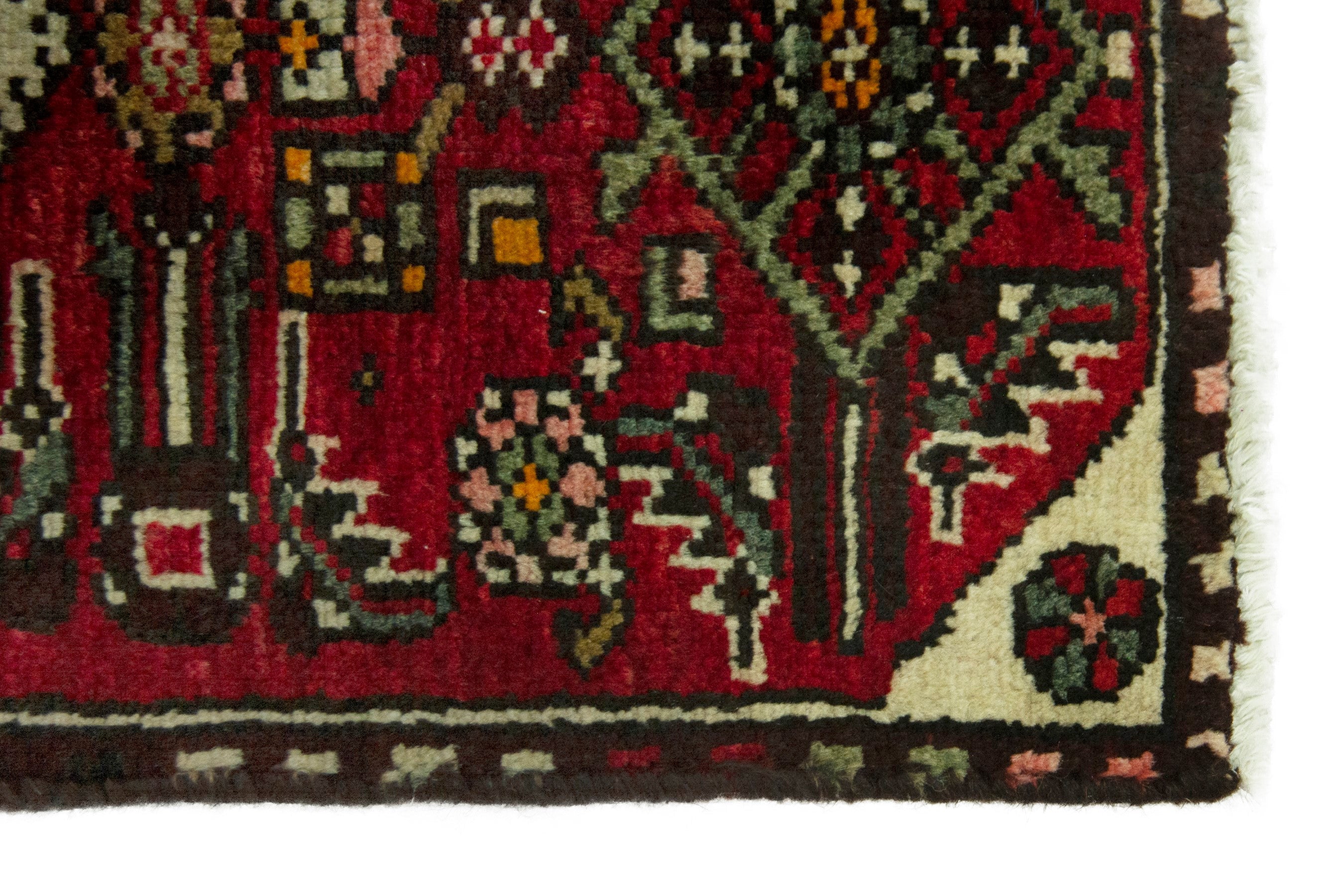 Persian Hamedan accent rug in deep red and dark brown, view 4 of 7