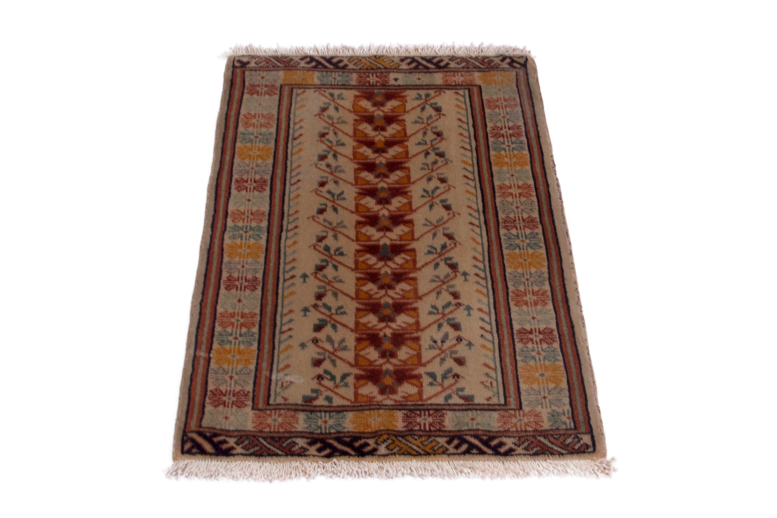 Persian Torkaman accent rug in cream and deep red, view 2 of 7