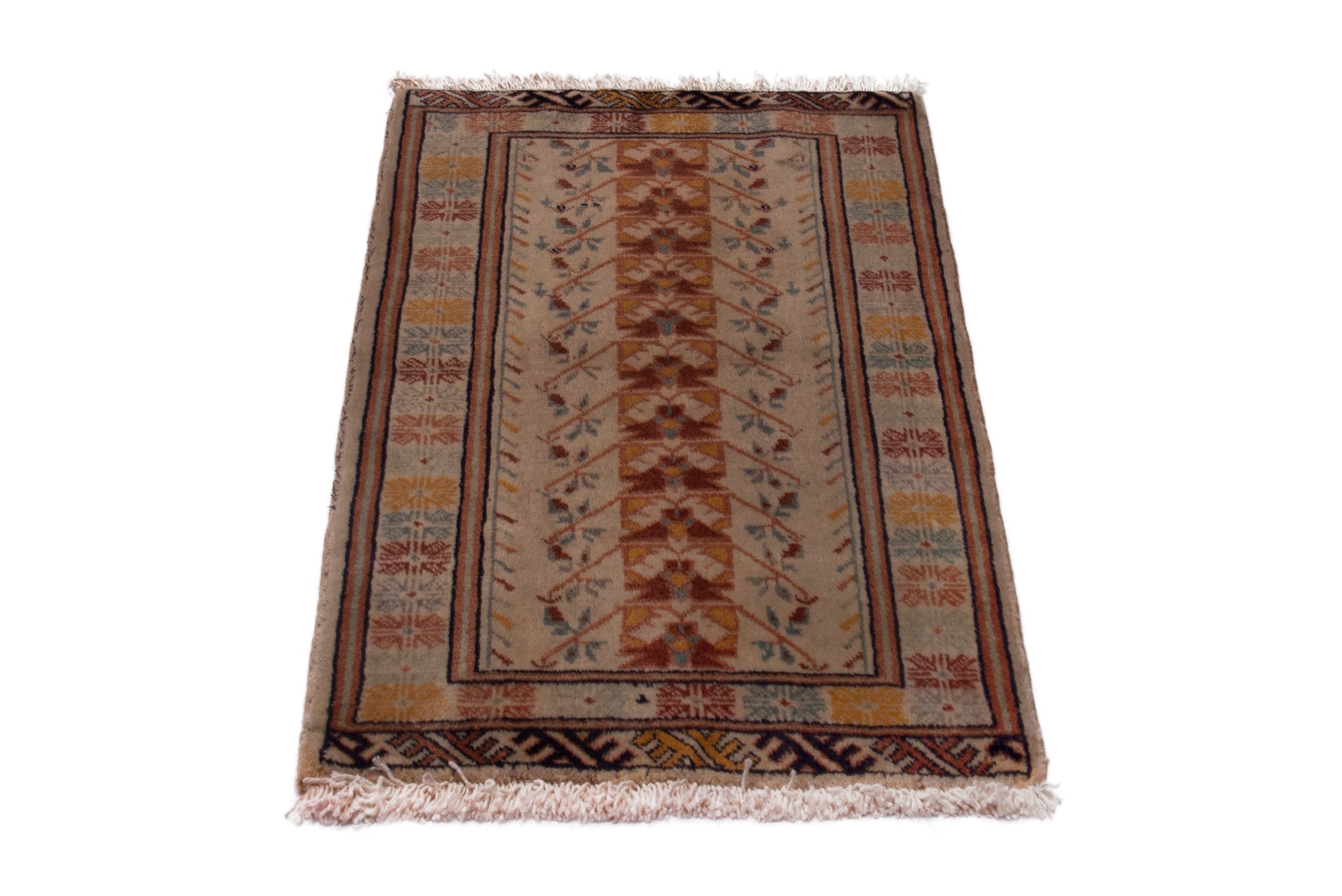 Persian Torkaman accent rug in cream and deep red, view 3 of 7