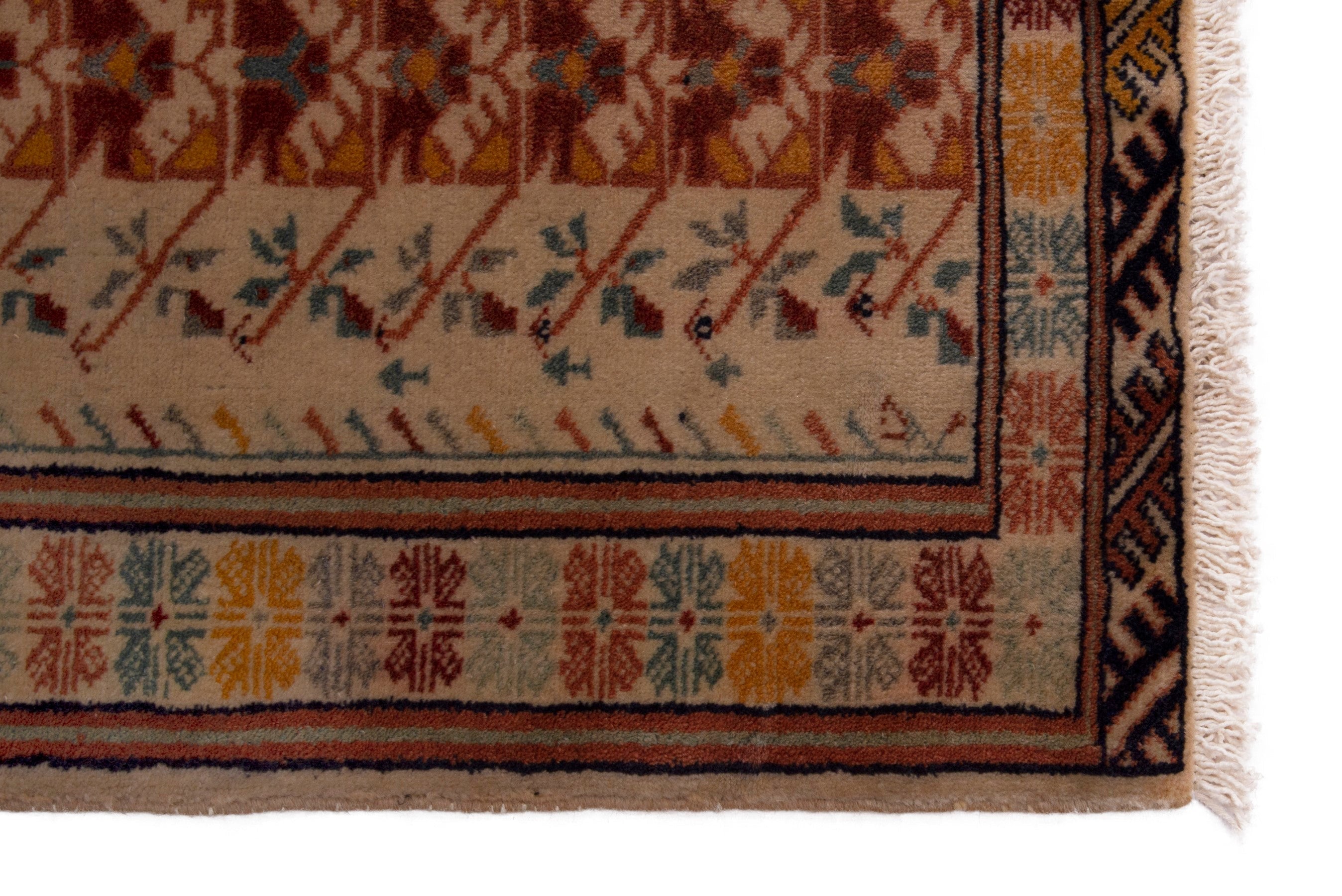 Persian Torkaman accent rug in cream and deep red, view 4 of 7
