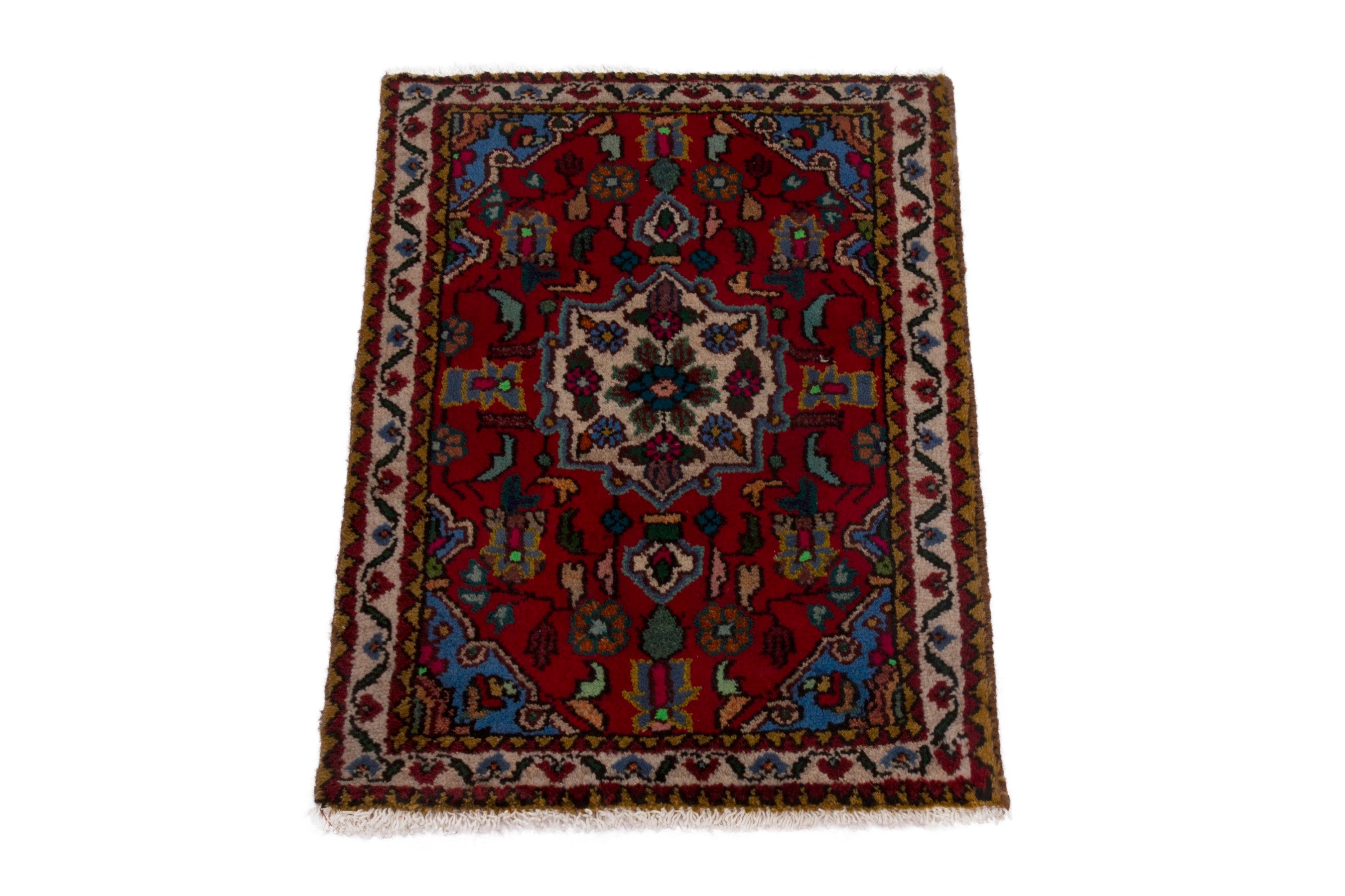 Persian Hamedan accent rug in deep red and cream, view 2 of 7