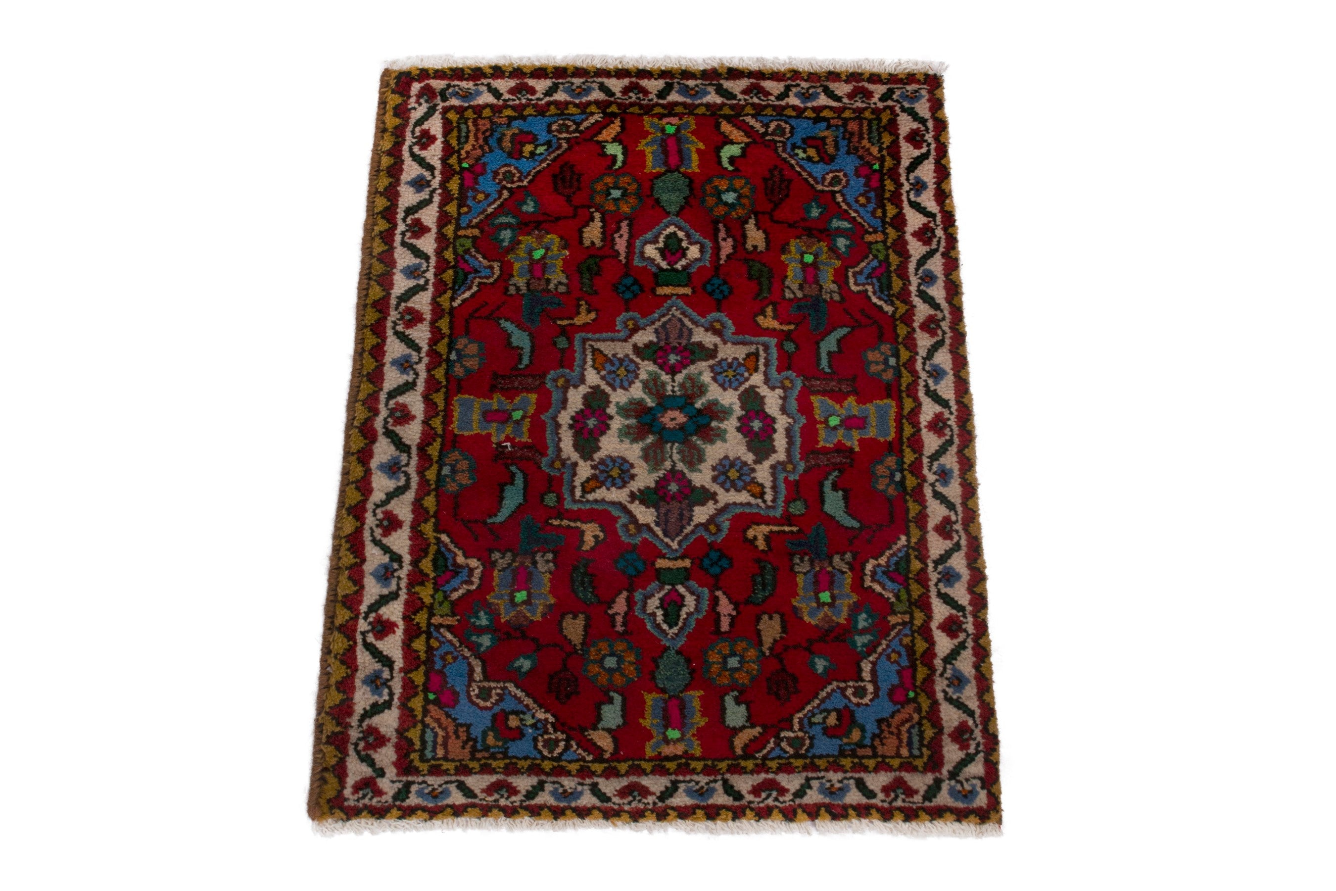 Persian Hamedan accent rug in deep red and cream, view 3 of 7