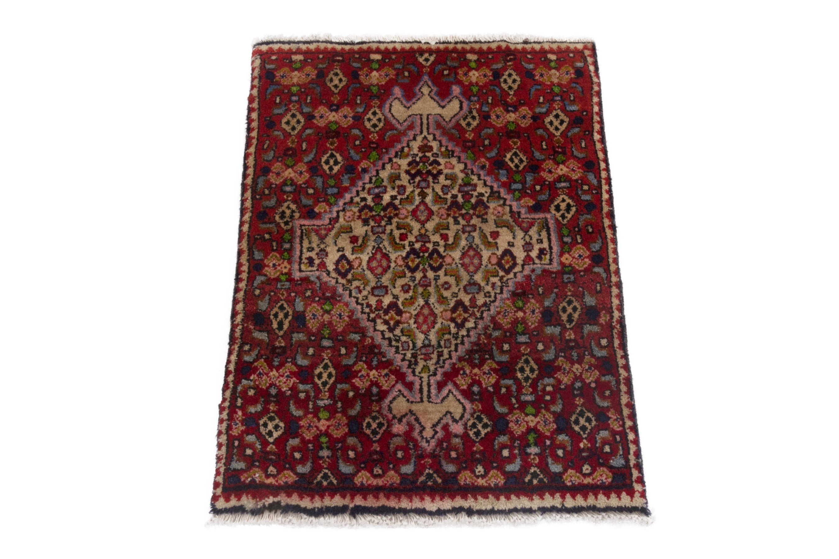 Persian Bijar accent rug in deep red and cream, view 2 of 7