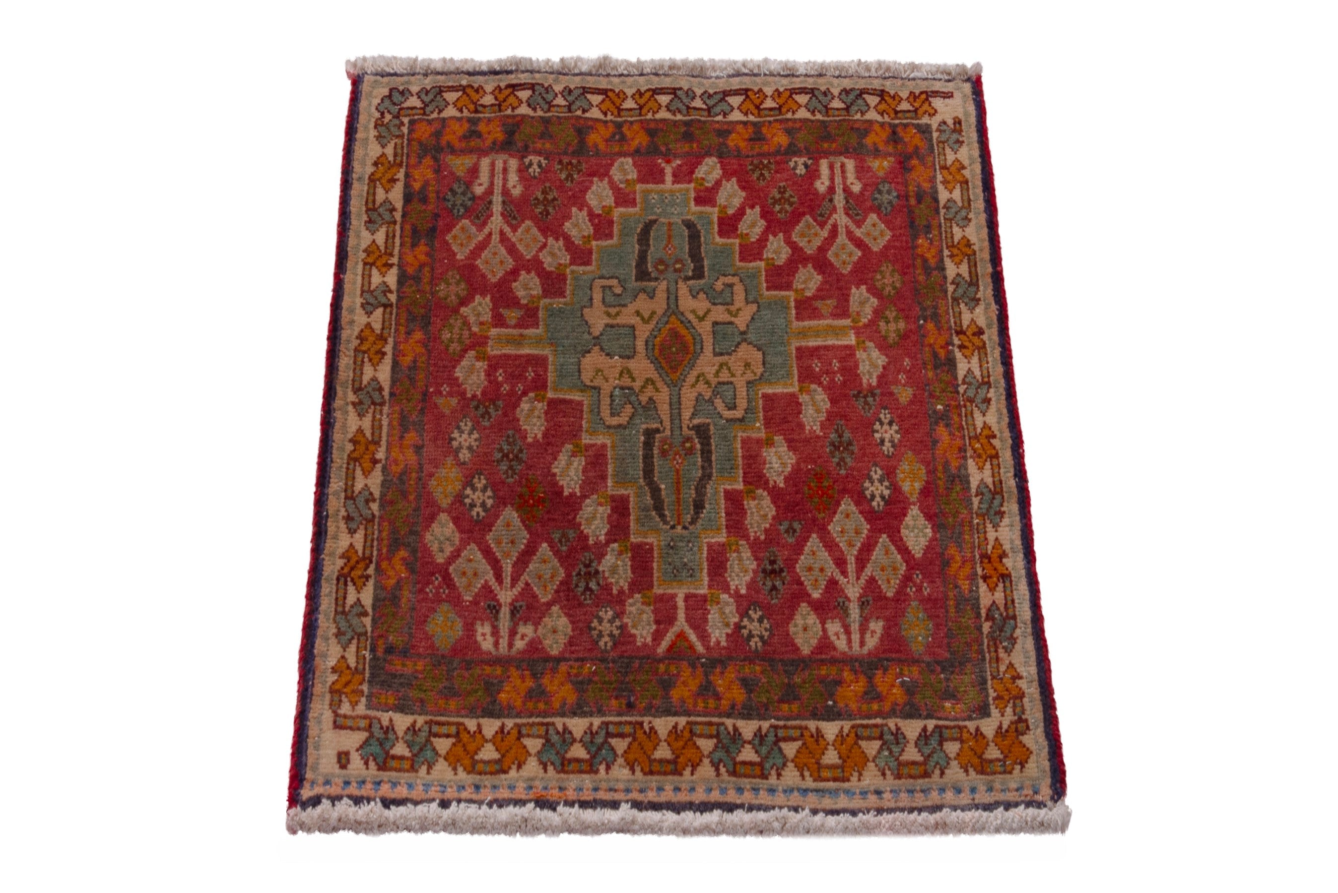 Persian Shiraz accent rug in deep red and burnt orange, view 3 of 6