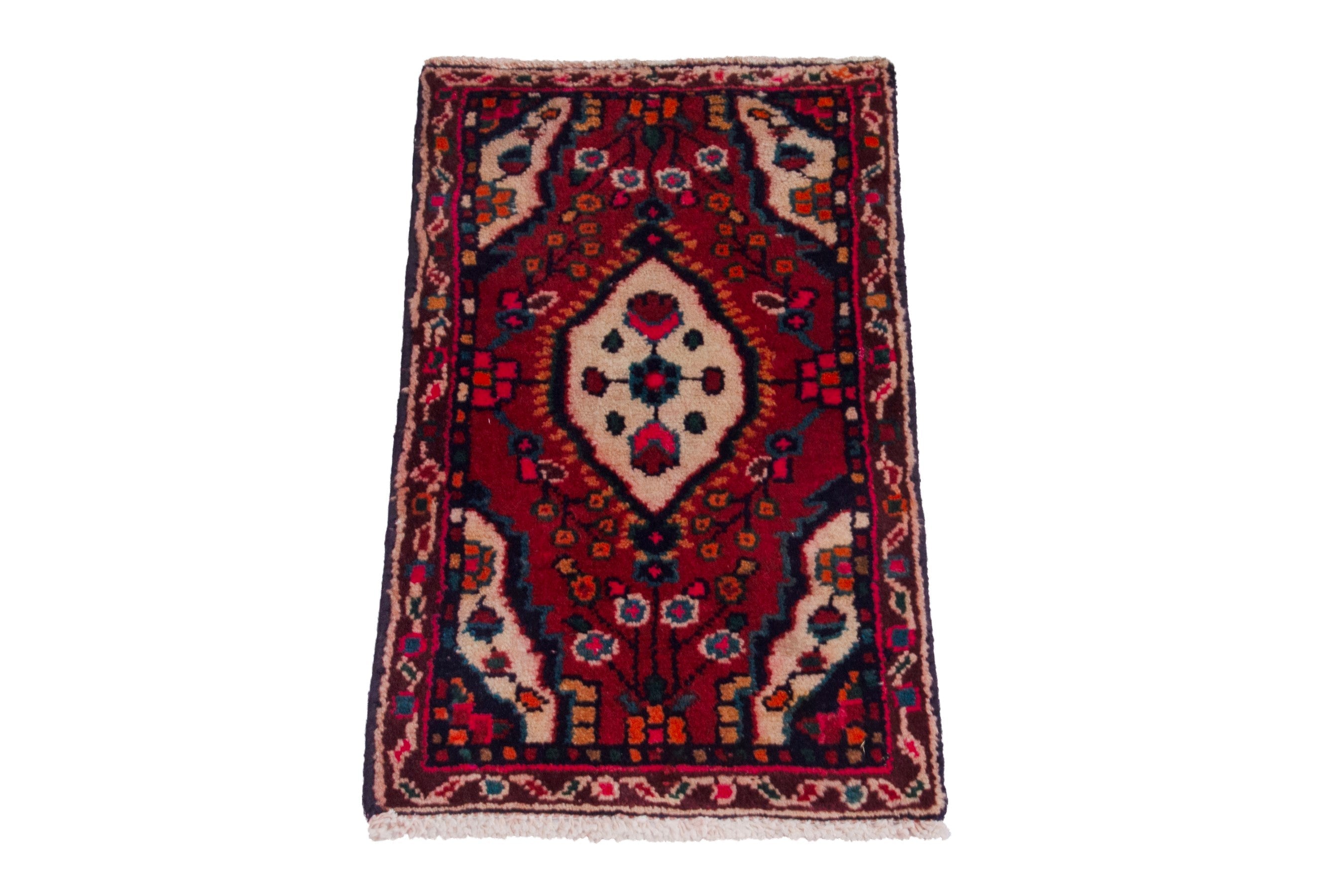Persian Hamedan accent rug in burgundy and deep red, view 2 of 7