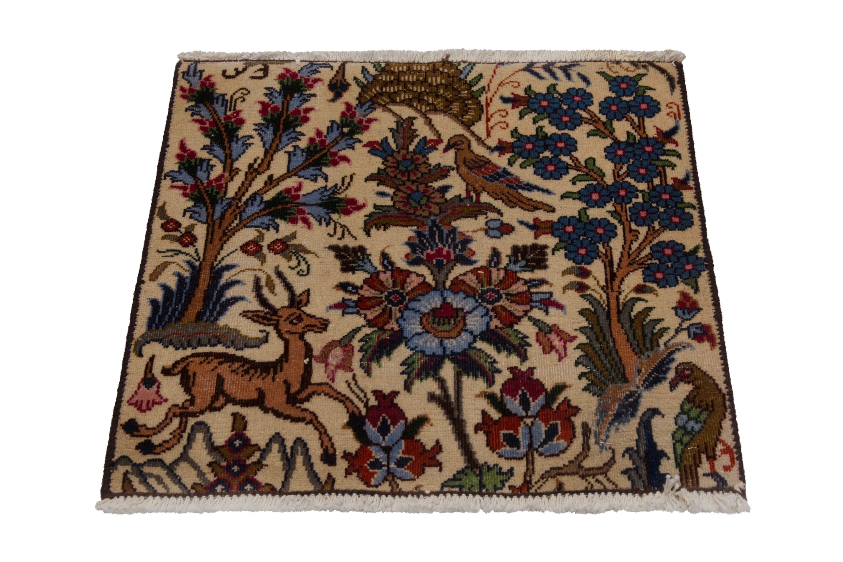 Persian Kashmar accent rug in cream and dark blue, view 2 of 7