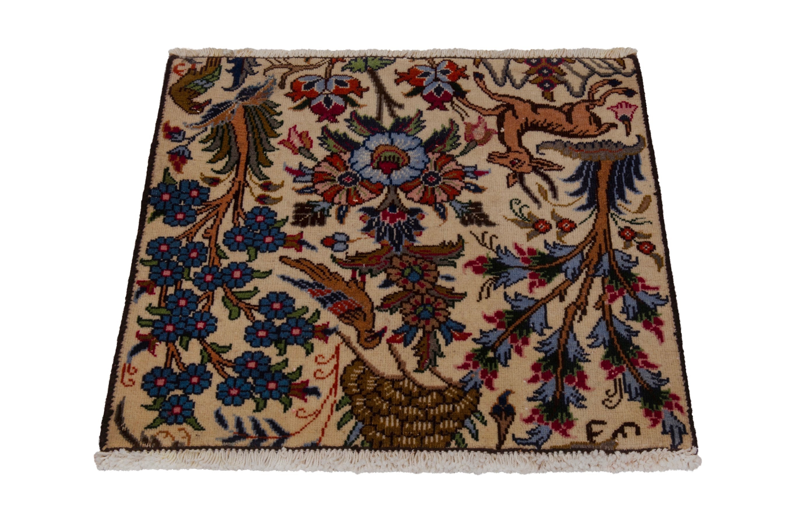 Persian Kashmar accent rug in cream and dark blue, view 3 of 7