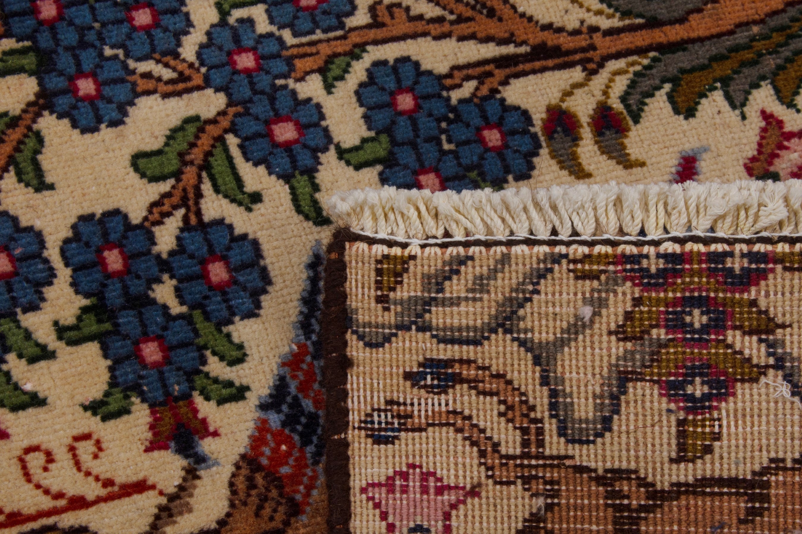 Persian Kashmar accent rug in cream and dark blue, view 7 of 7