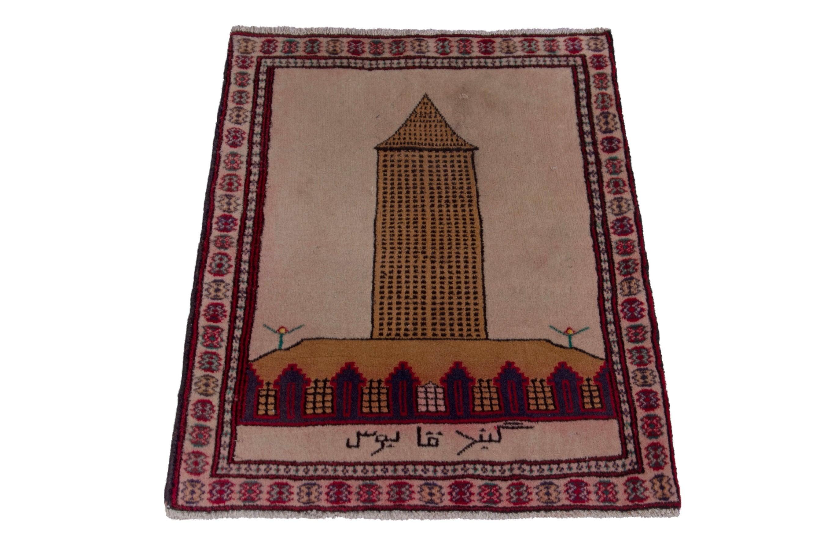 Persian Torkaman accent rug in stone and burgundy, view 2 of 7
