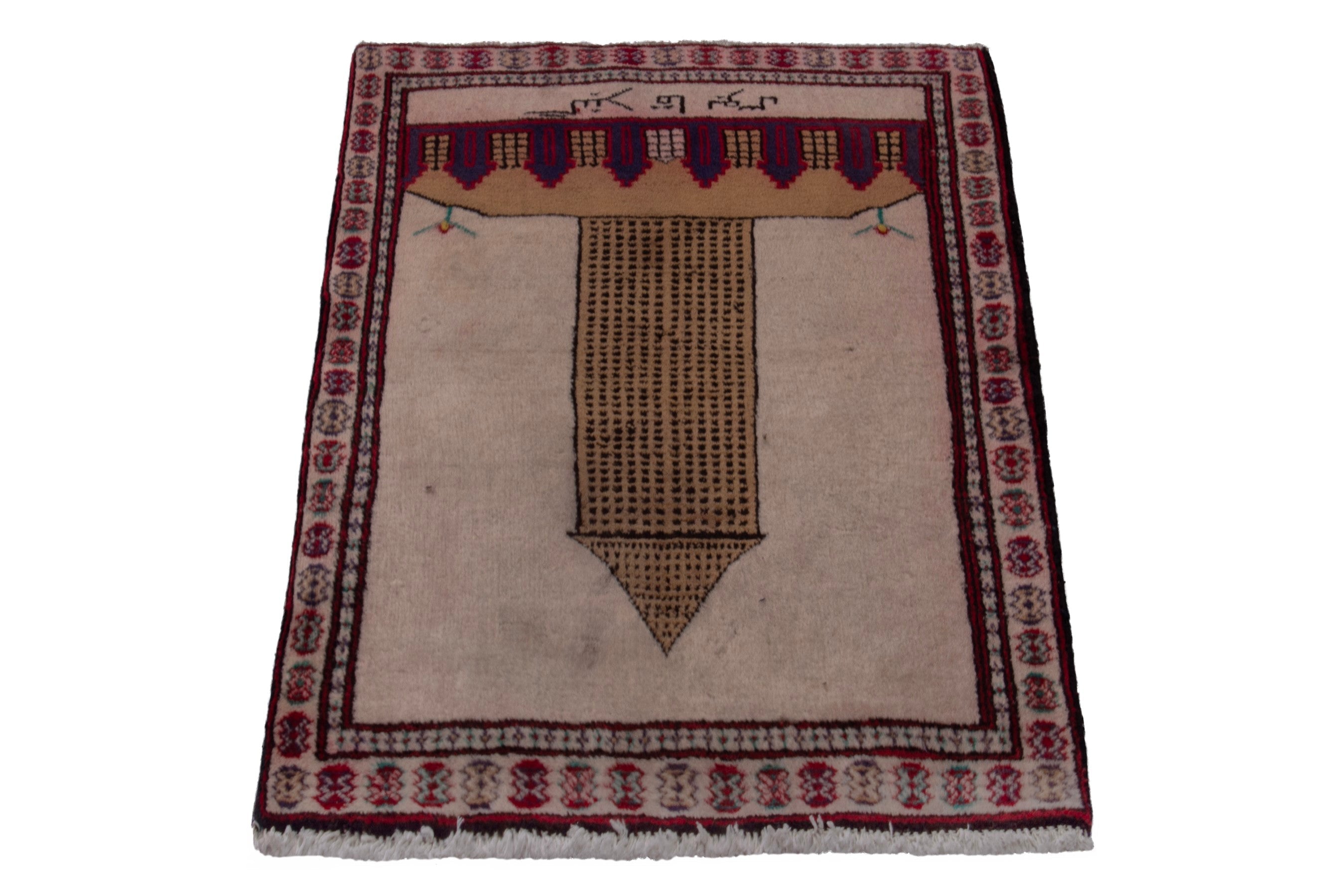 Persian Torkaman accent rug in stone and burgundy, view 3 of 7