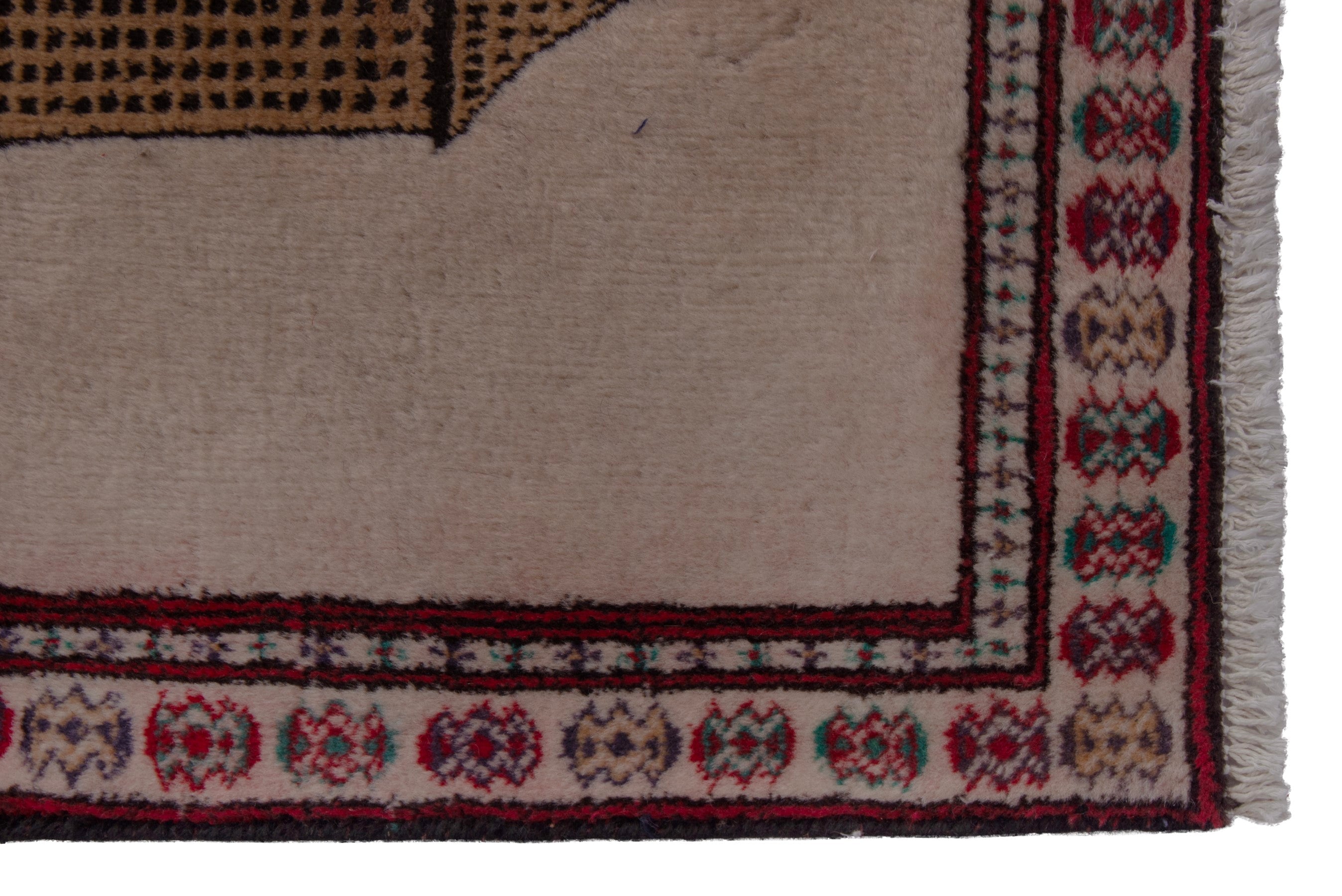 Persian Torkaman accent rug in stone and burgundy, view 4 of 7