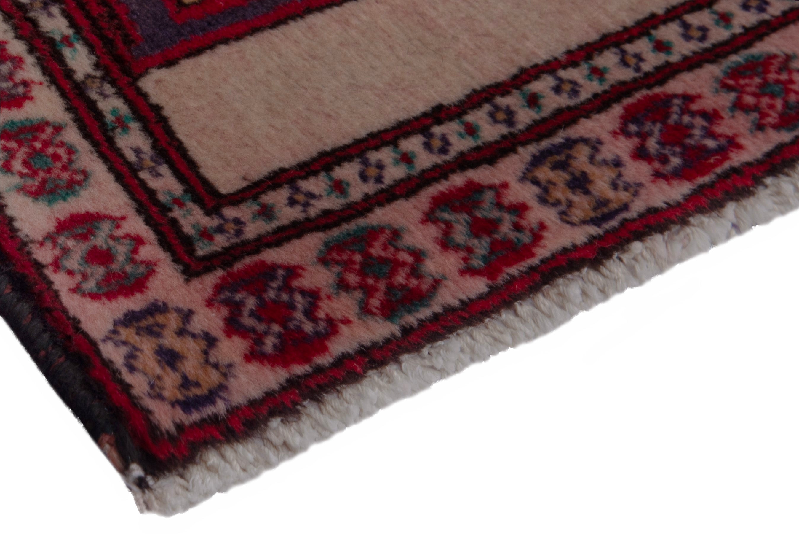 Persian Torkaman accent rug in stone and burgundy, view 5 of 7
