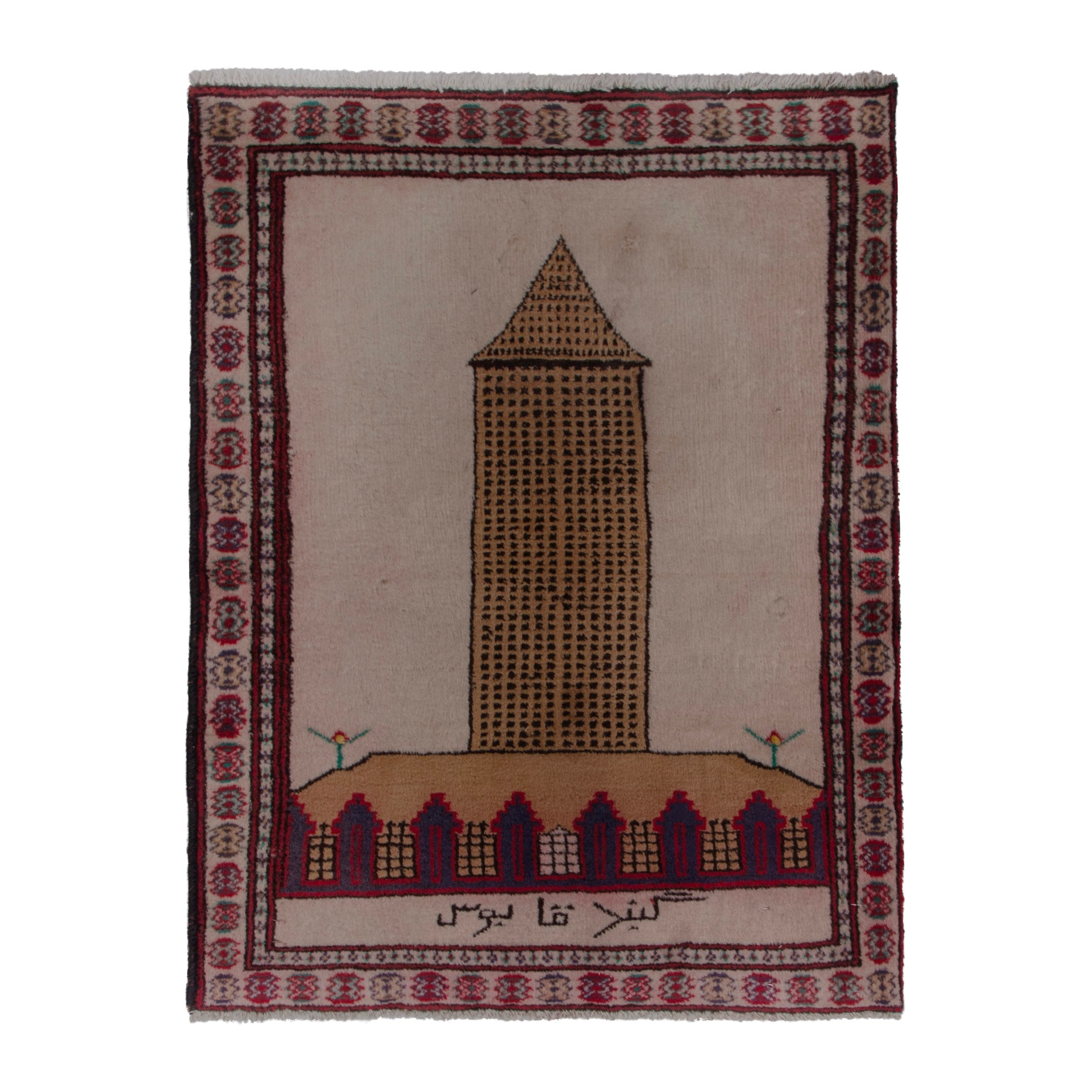 Persian Torkaman accent rug in stone and burgundy, 2' x 2'7"