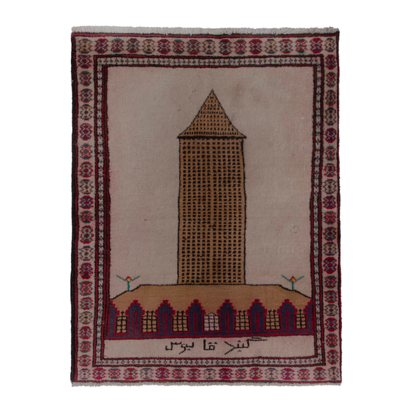 Persian Torkaman accent rug in stone and burgundy, 2' x 2'7"