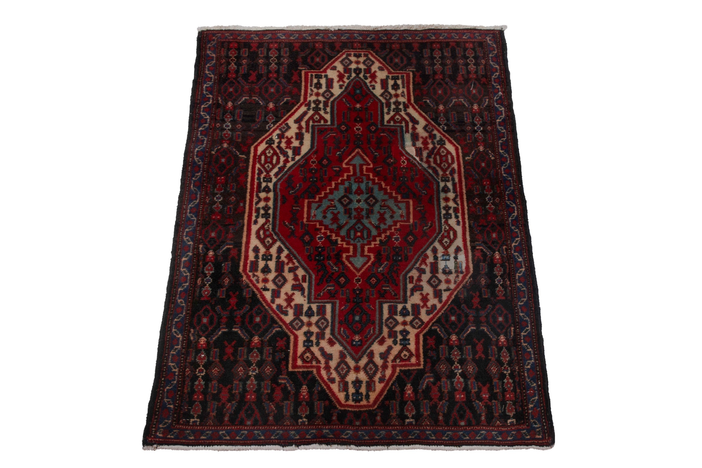 Persian Sanandaj accent rug in deep red and muted pink, view 3 of 7