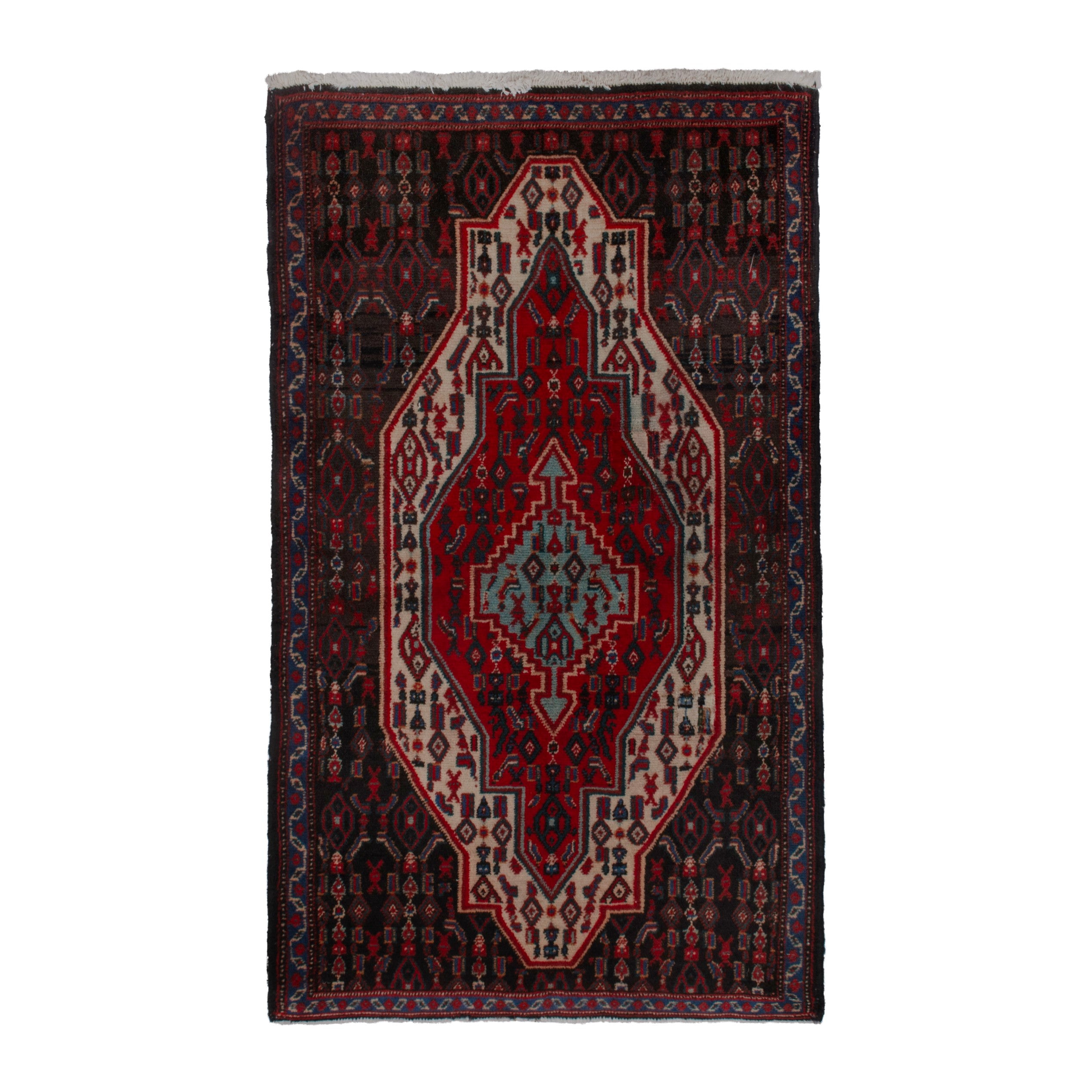 Persian Sanandaj accent rug in deep red and muted pink, 2'6" x 3'6"