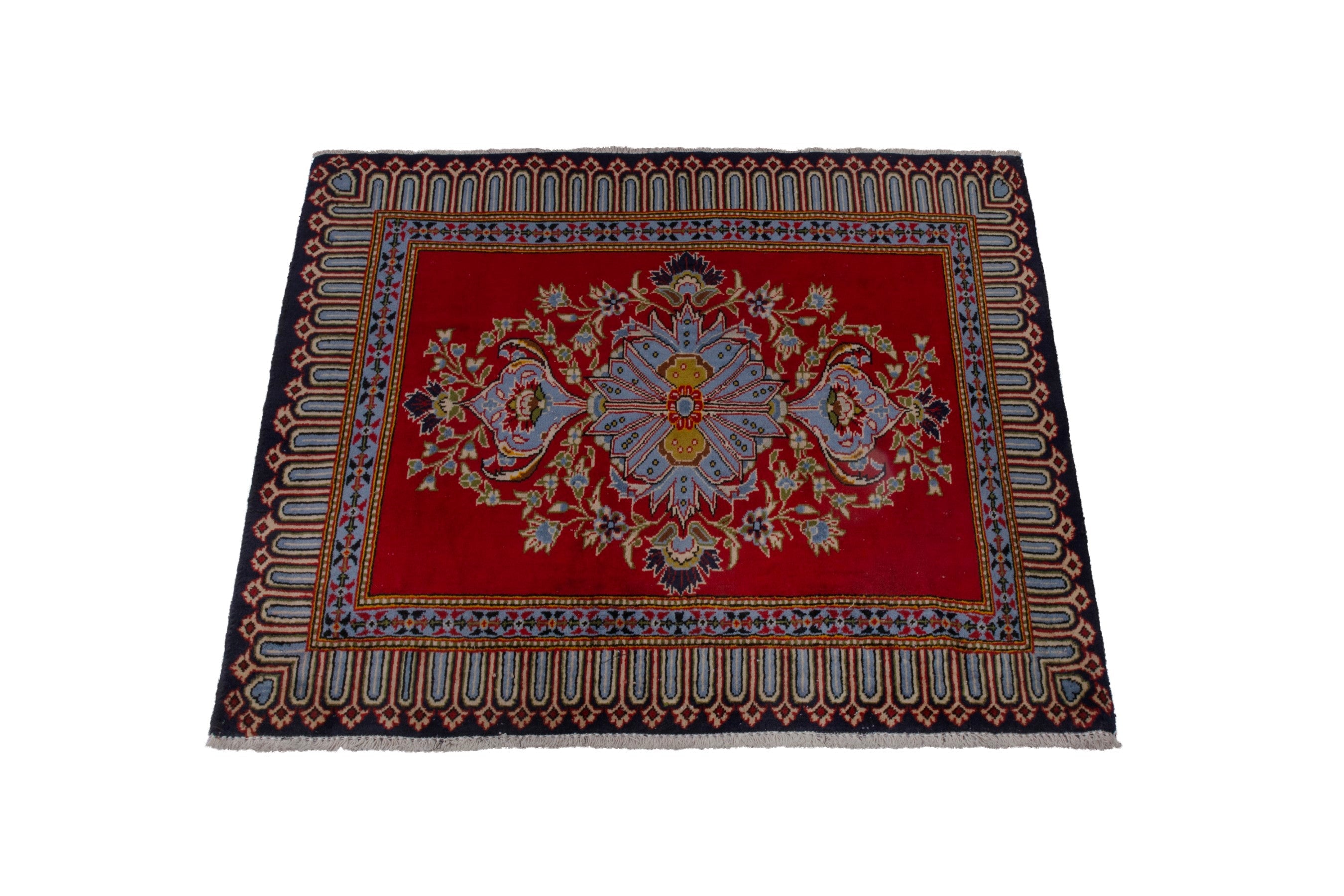 Persian Kashan accent rug in deep red and greige, view 2 of 7