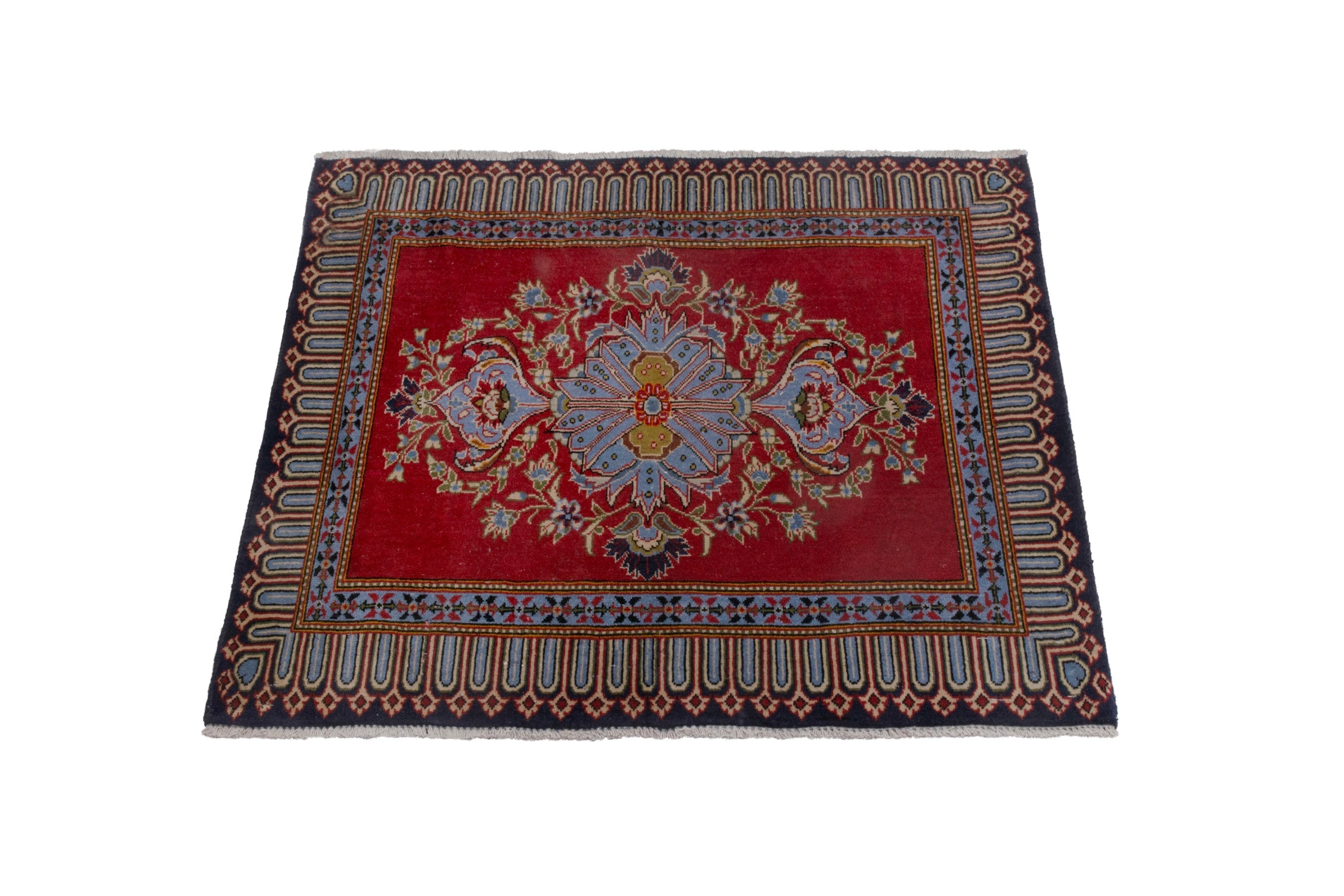 Persian Kashan accent rug in deep red and greige, view 3 of 7