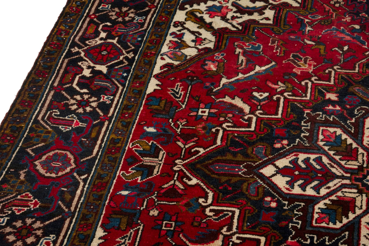 Turkish Anatolian area rug in deep red and navy, view 10 of 21