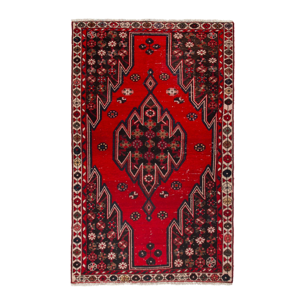 Persian Saveh accent rug in deep red and dark brown, 4'2" x 6'4"