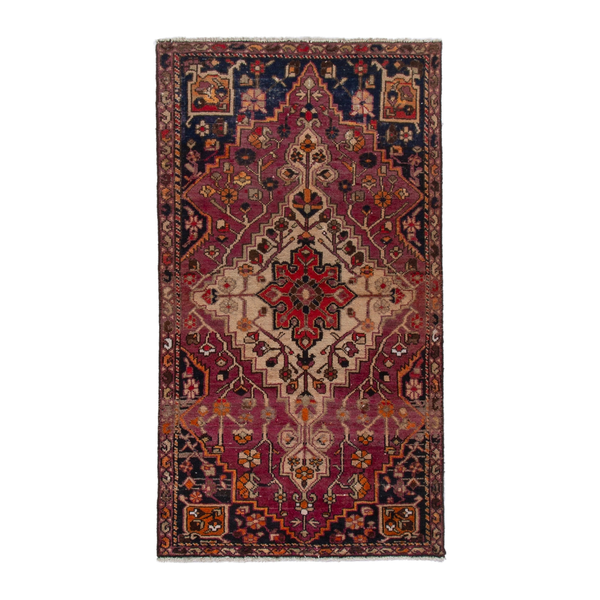 Persian Bakhtiari accent rug in burgundy and navy, 3'3" x 6'1"