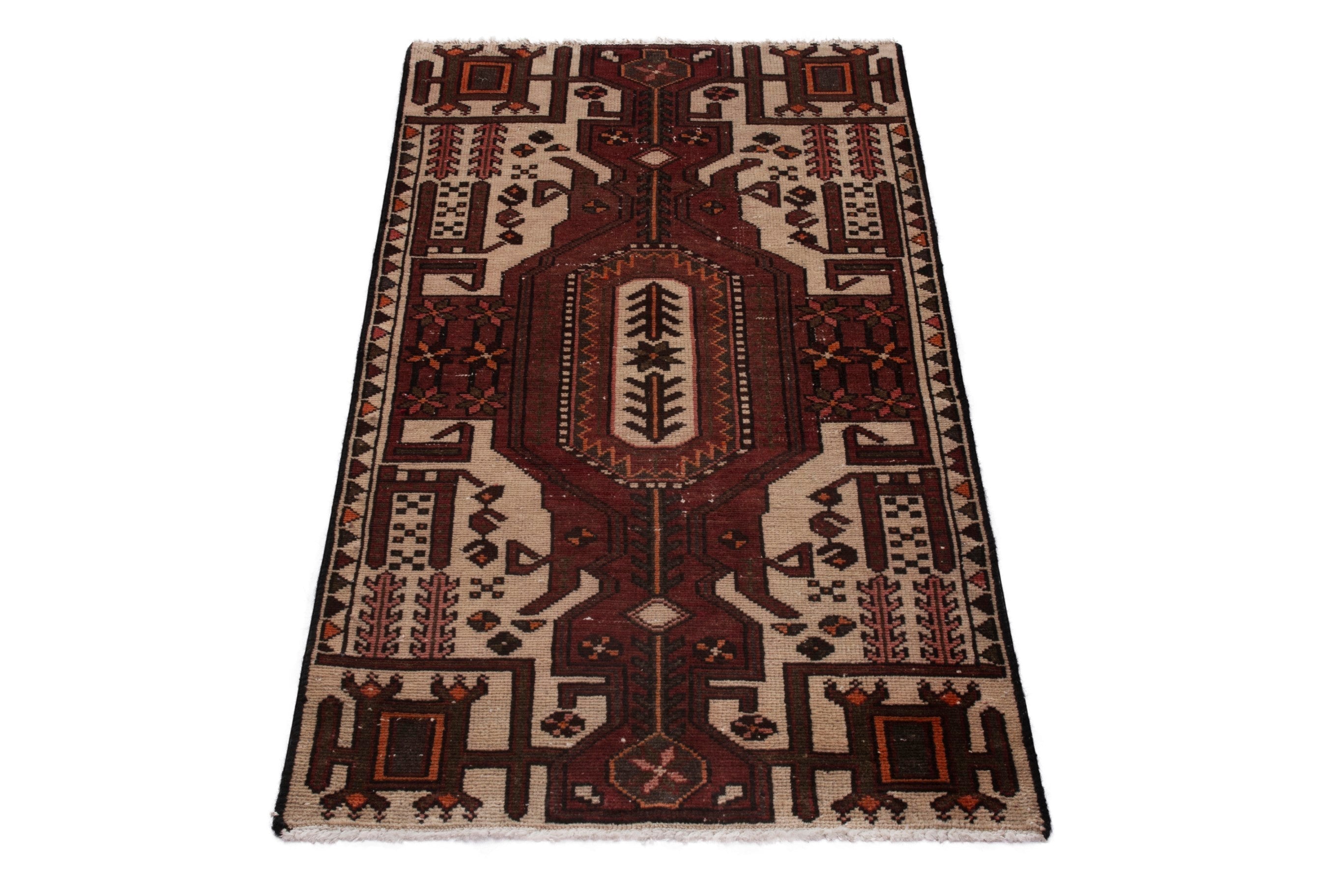 Persian Hamedan accent rug in burgundy and cream, view 3 of 17