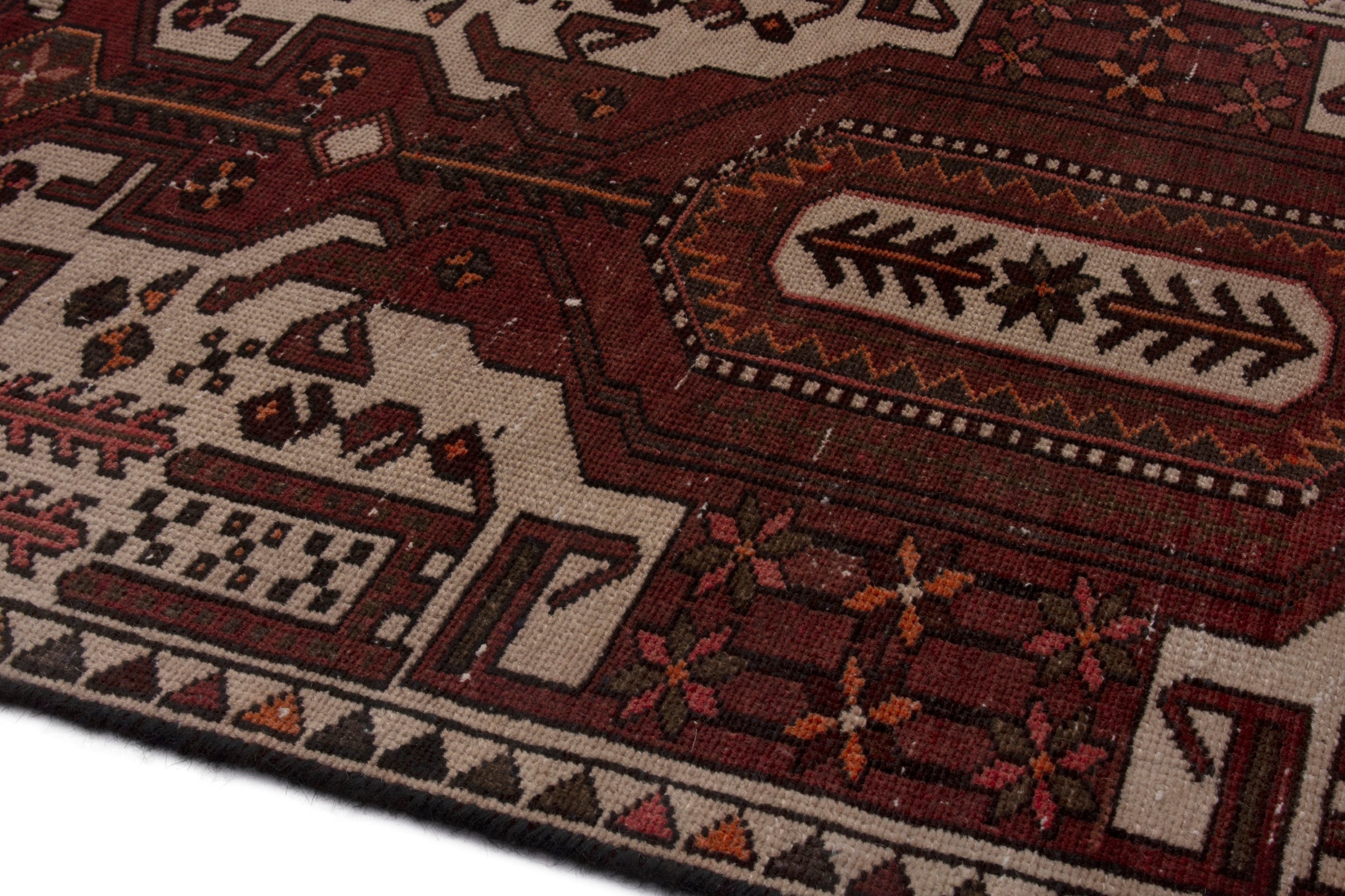 Persian Hamedan accent rug in burgundy and cream, view 5 of 17