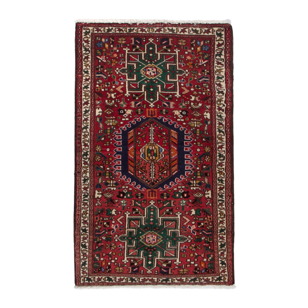 Persian Gharajeh accent rug in deep red and ivory, 2'11" x 4'9"