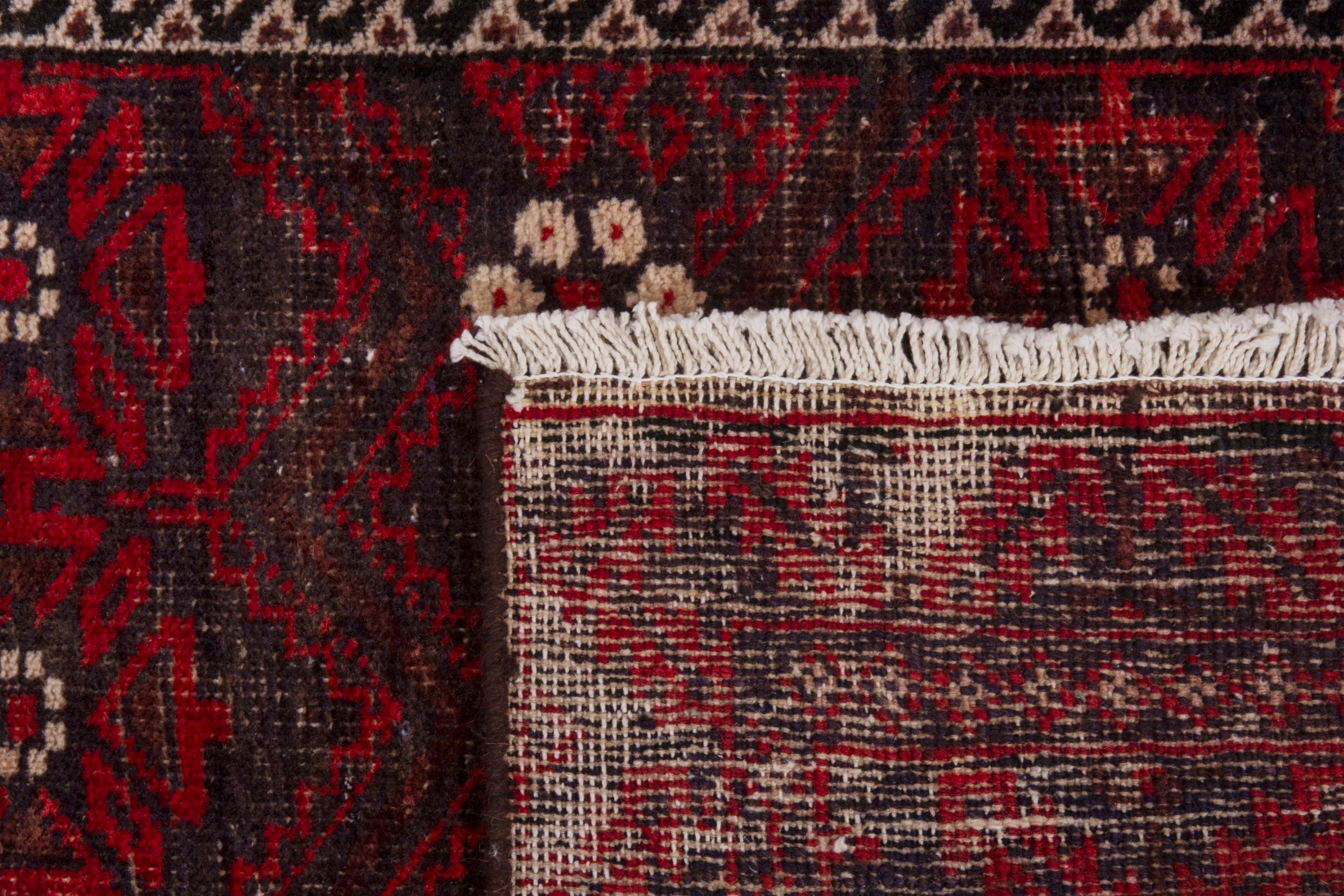 Persian Baluch runner rug in burgundy and deep red, view 17 of 17