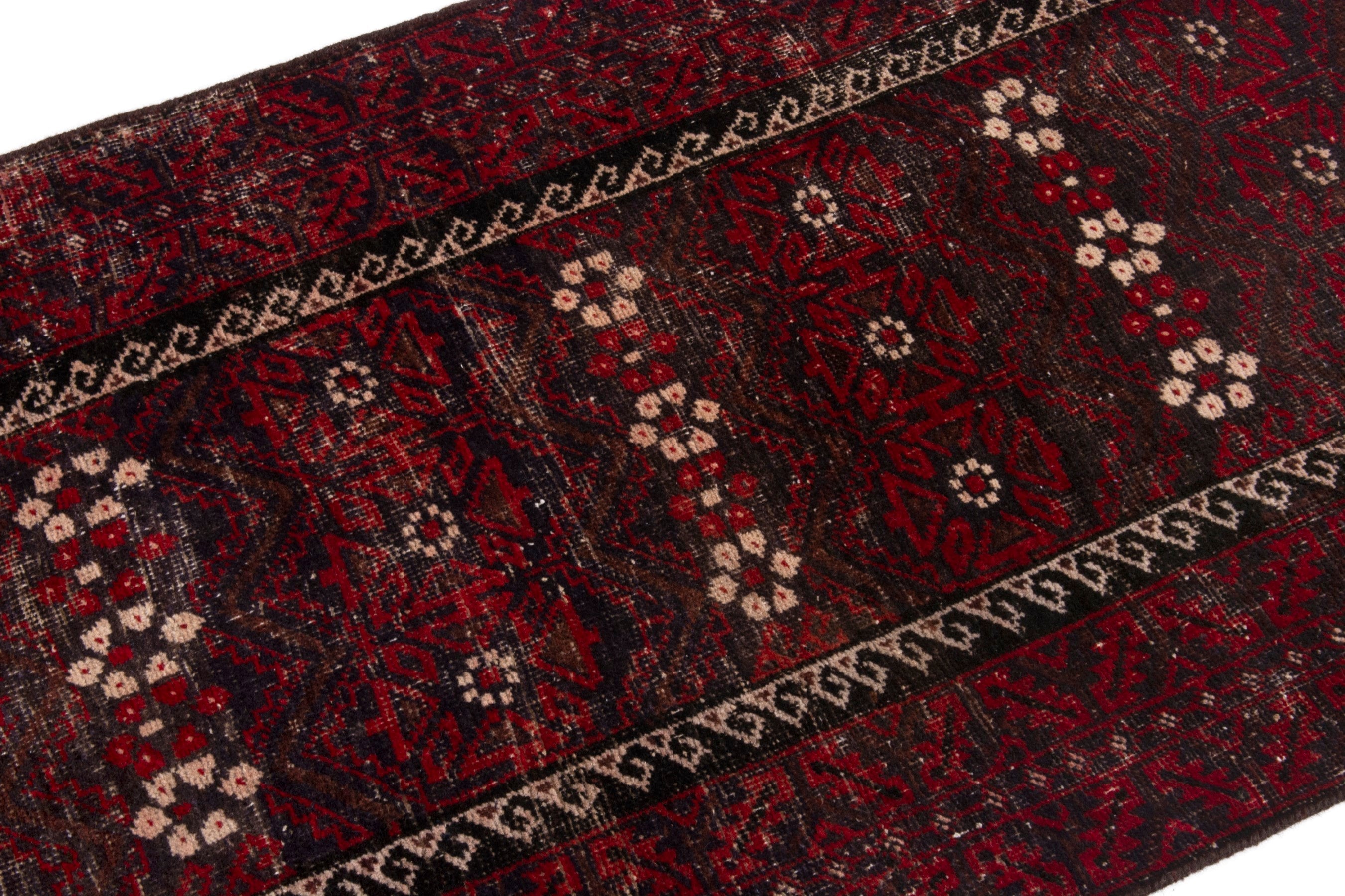 Persian Baluch runner rug in burgundy and deep red, view 8 of 17