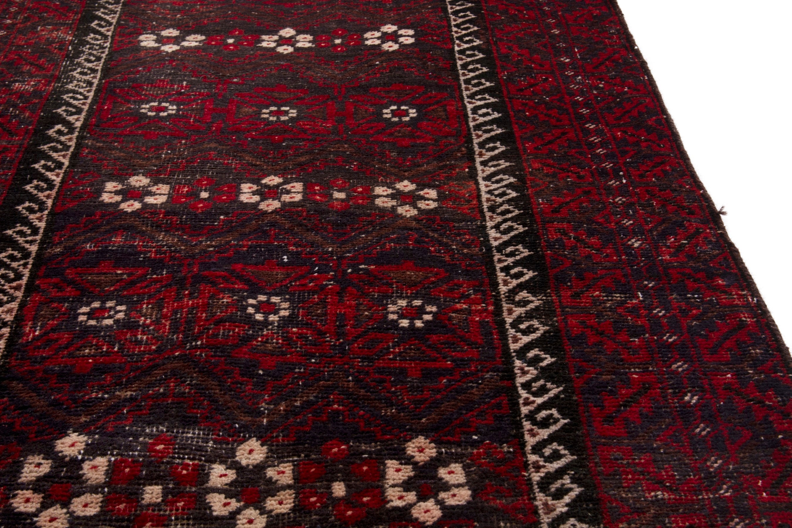 Persian Baluch runner rug in burgundy and deep red, view 5 of 17