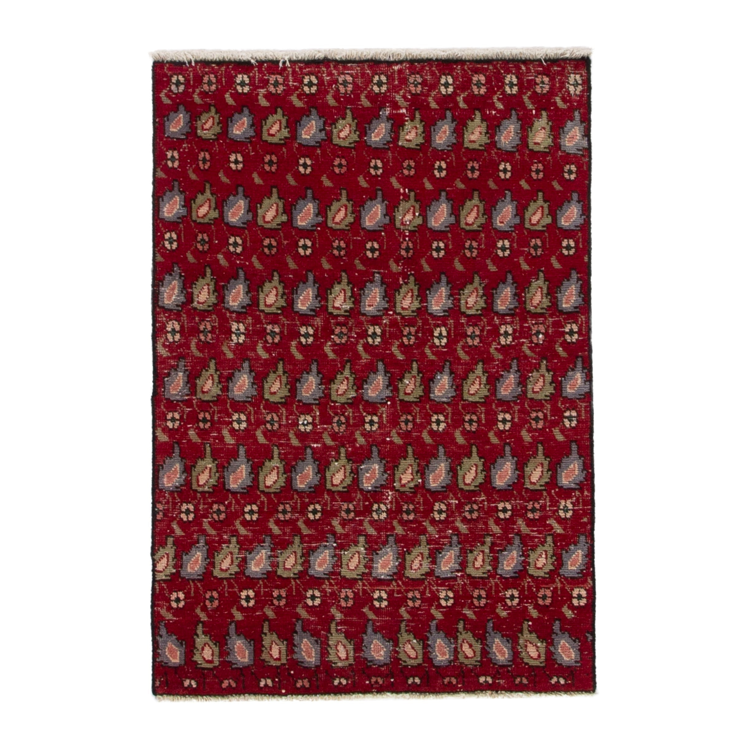 Persian Tabriz accent rug in burgundy and sage, 2'8" x 3'11"